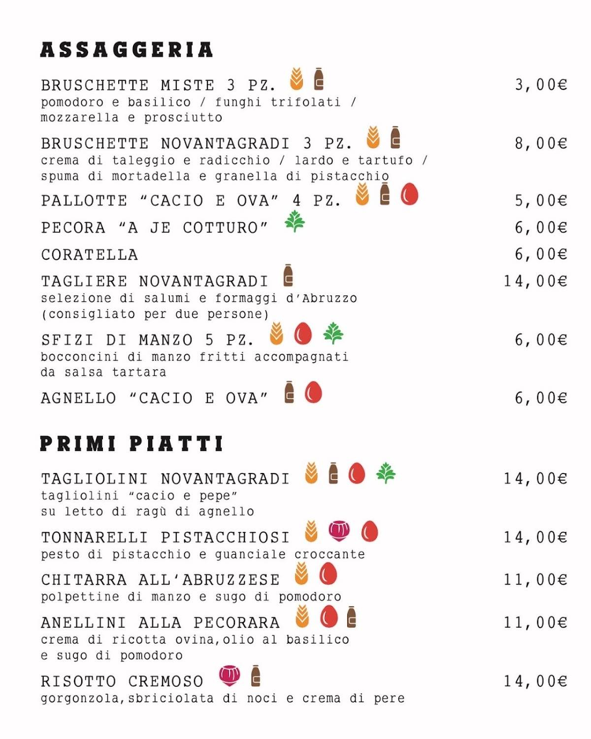 Menu di NovantaGradi Arrosticini 