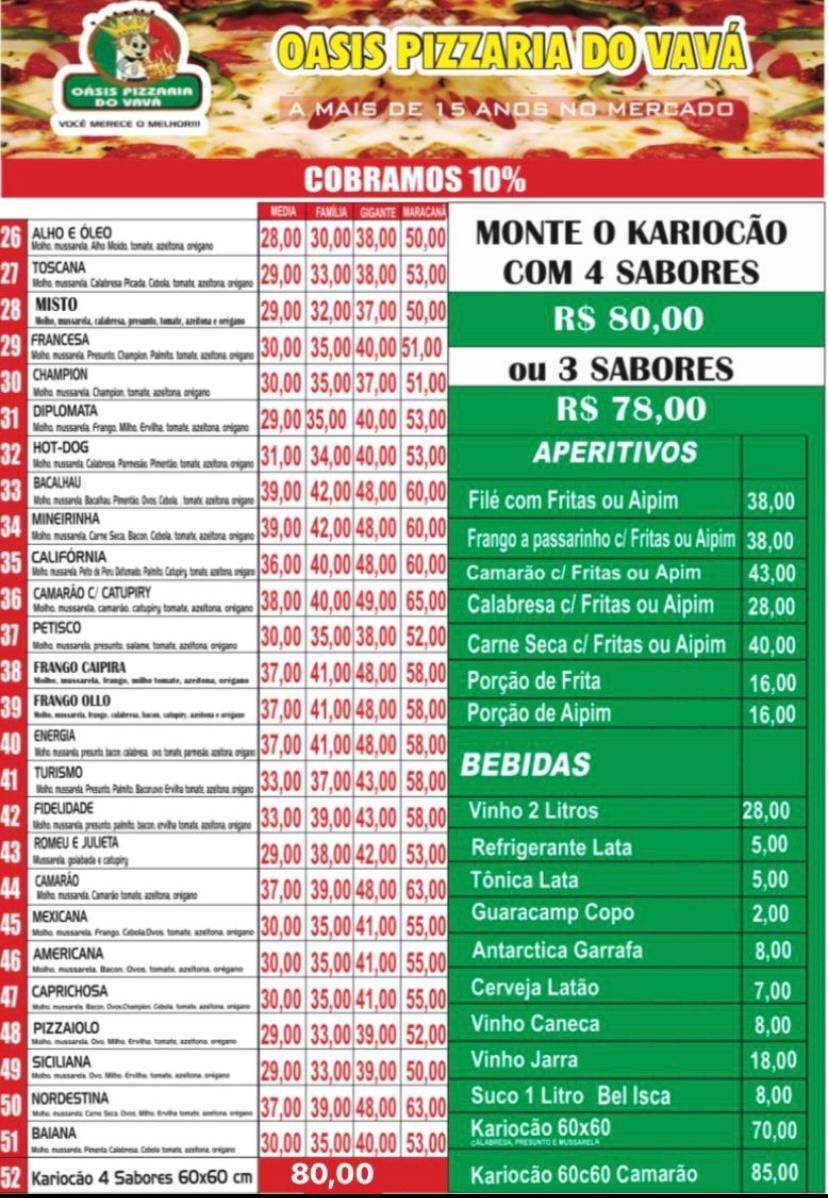 Oásis Pizzaria do Vavá cardápio