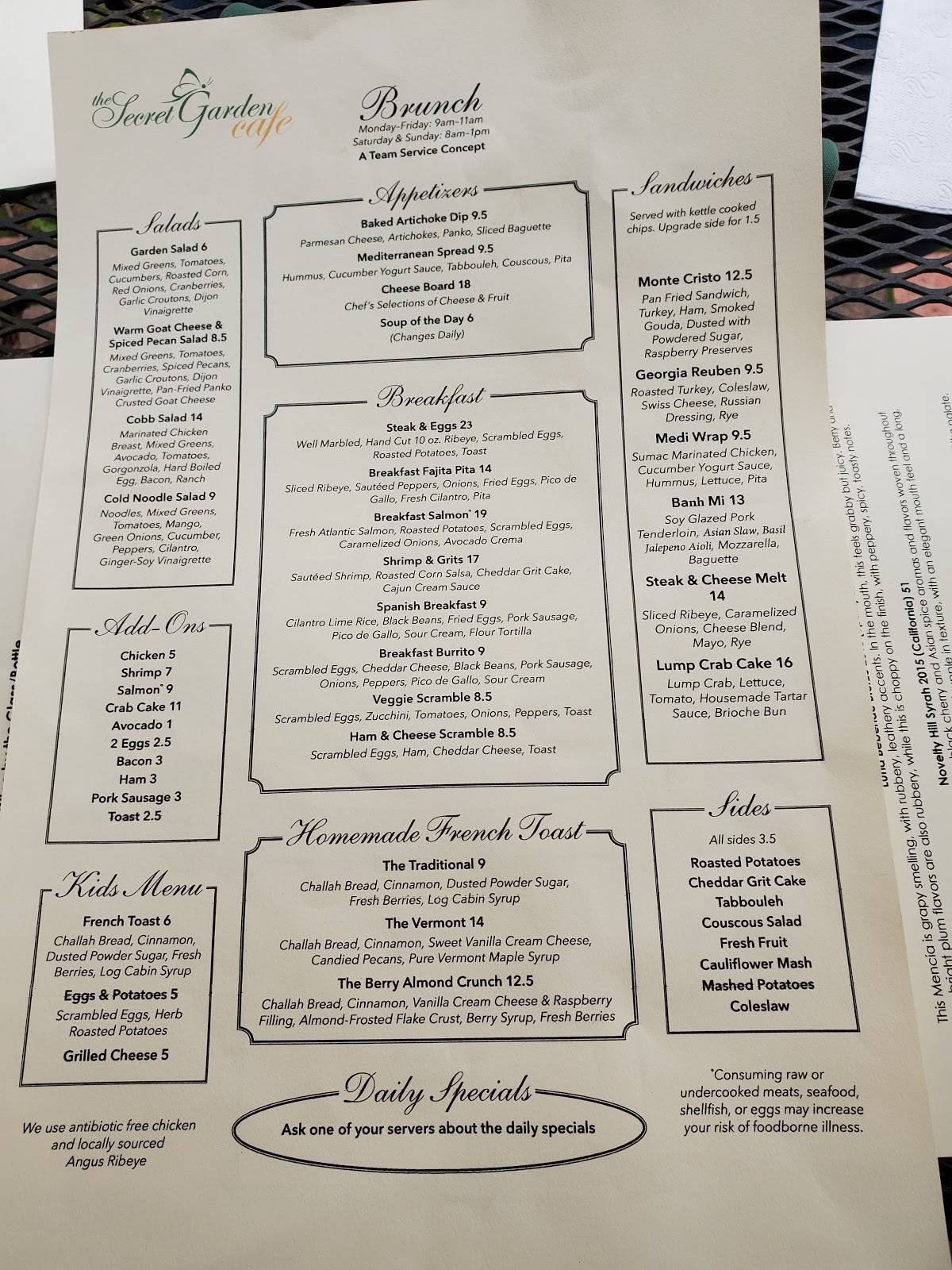 Menu at The Secret Garden Cafe, Occoquan