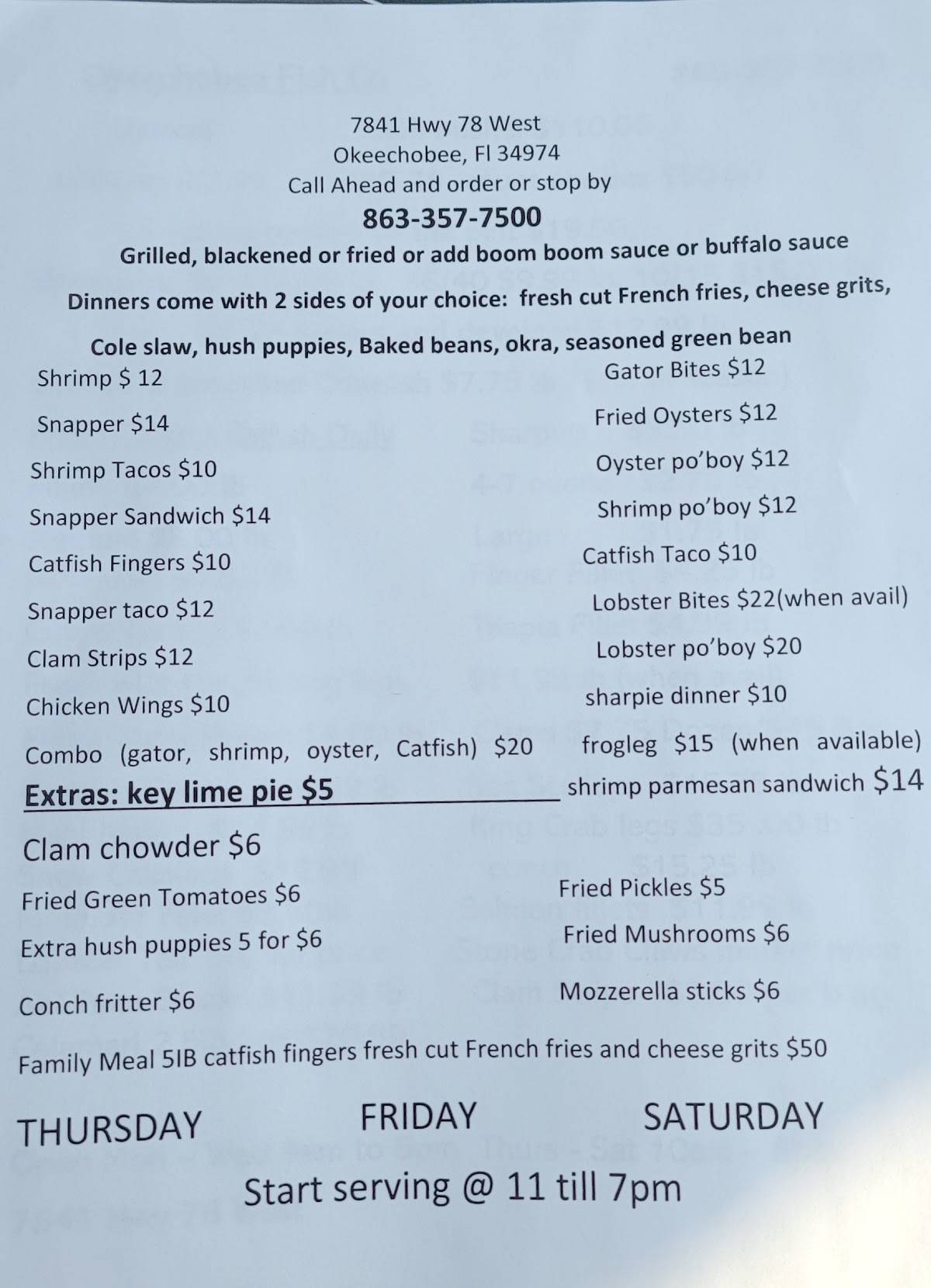 Menu at Okeechobee Fish Co restaurant, USA