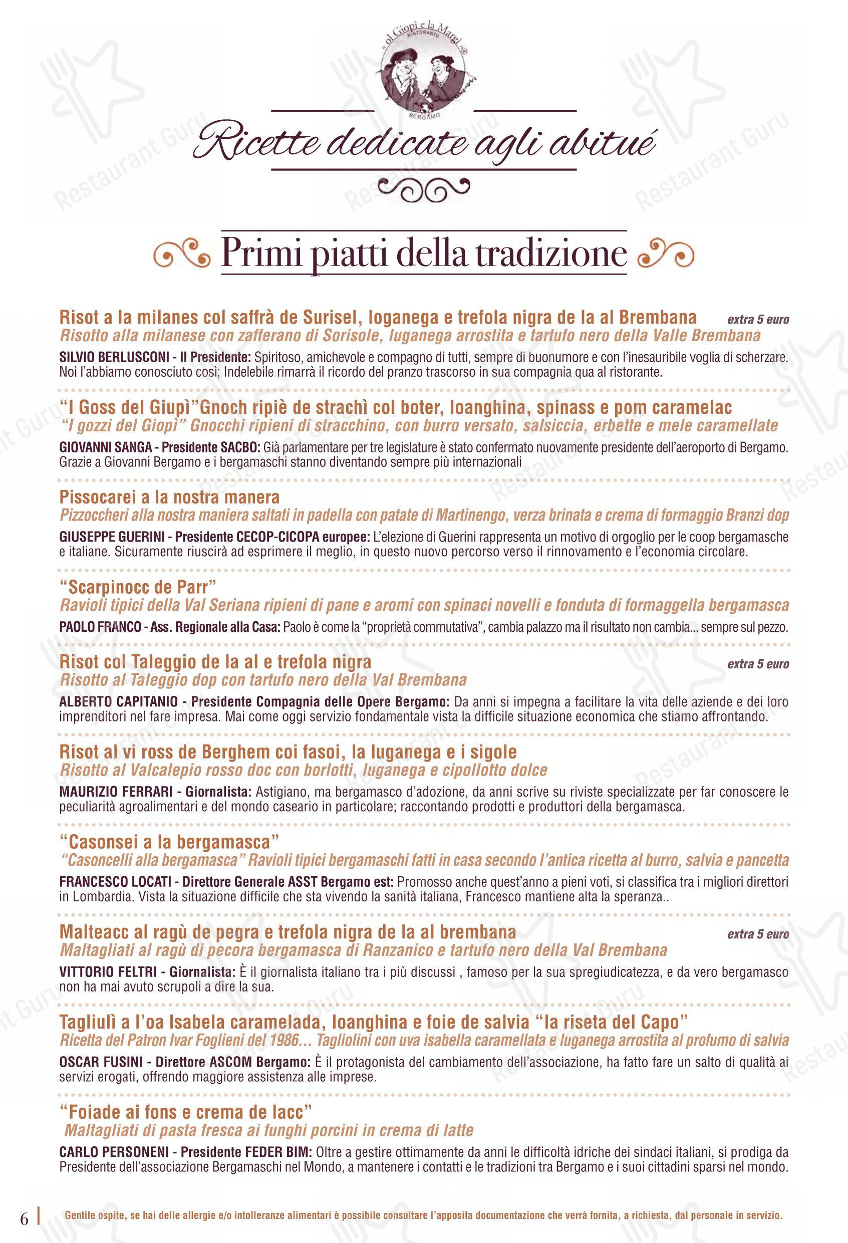 Menu per Ol Giopì e la Margi ristorante tipico bergamasco in Bergamo