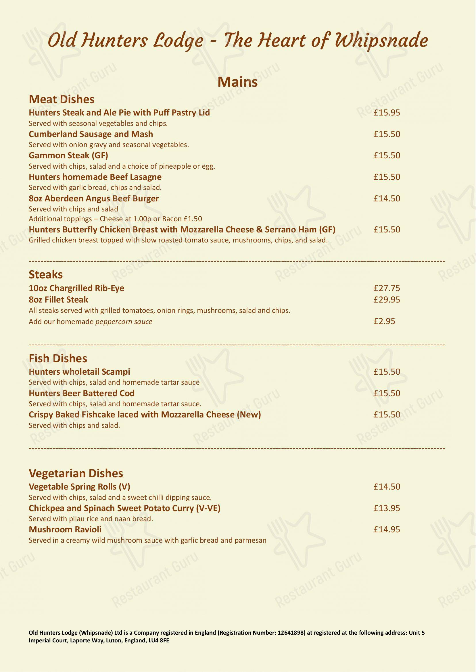Menu at Old Hunters Lodge restaurant, Dunstable