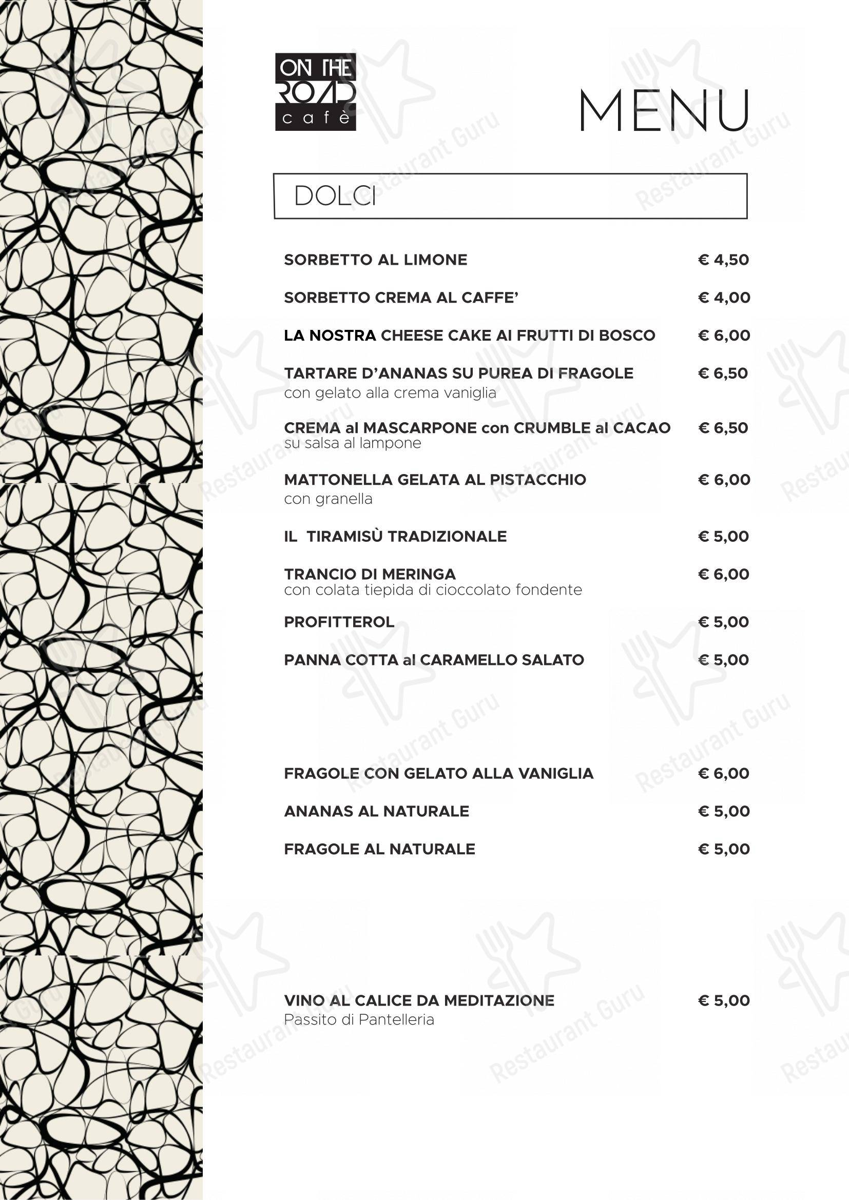 Menu pour On The Road Cafe pub et bar