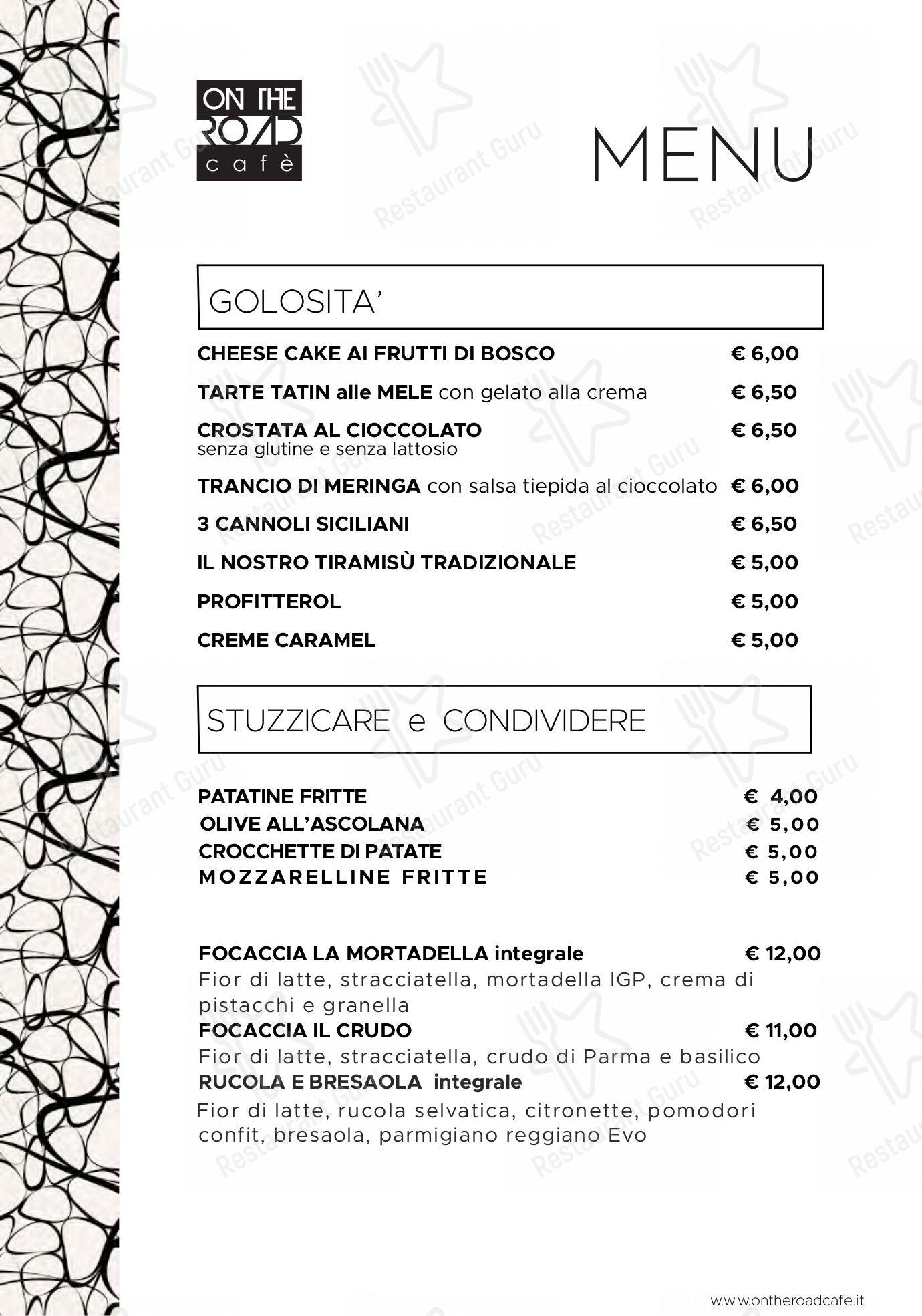 Menu pour On The Road Cafe - Menu bar
