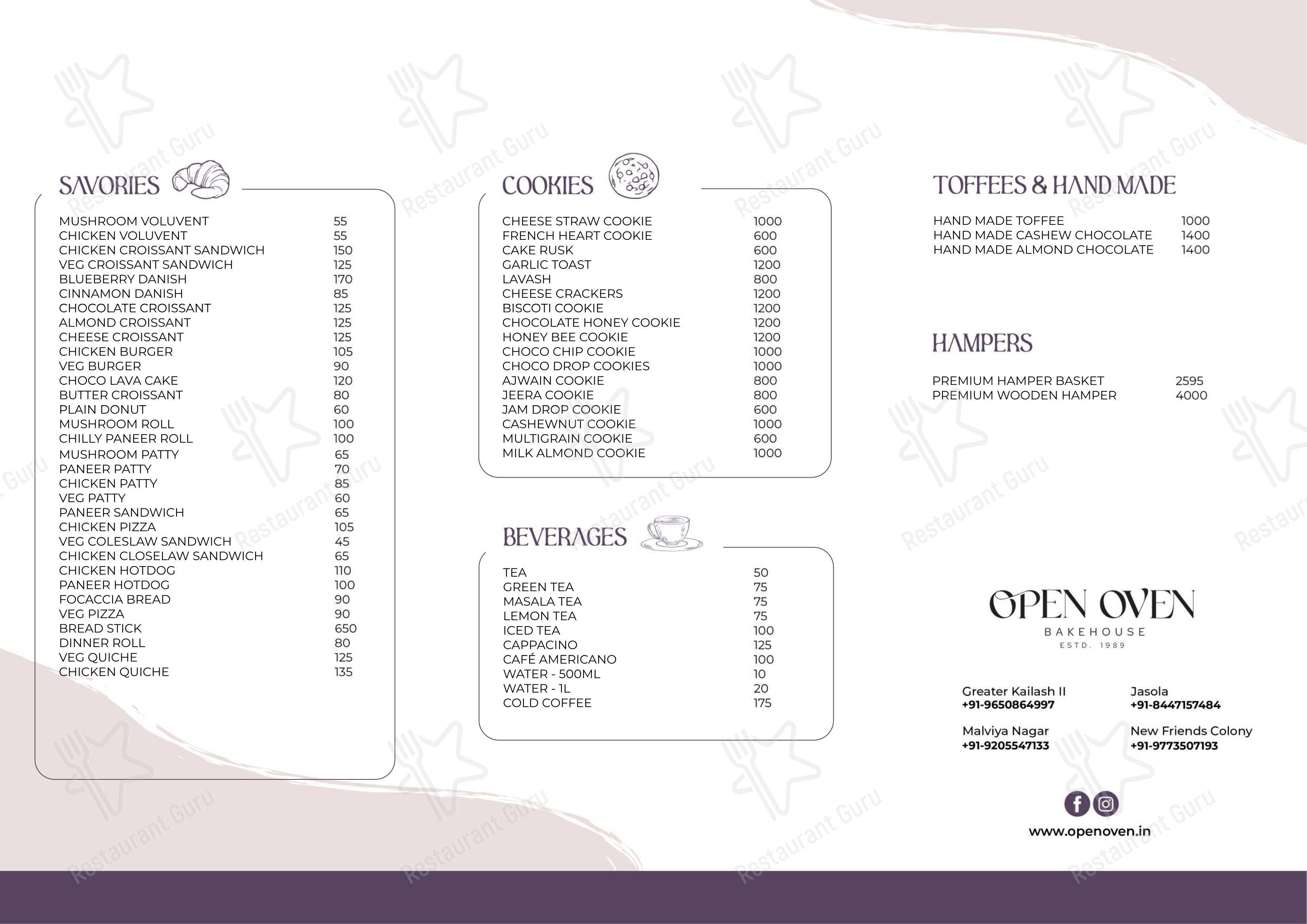 Menu for the Open Oven Bakehouse restaurant