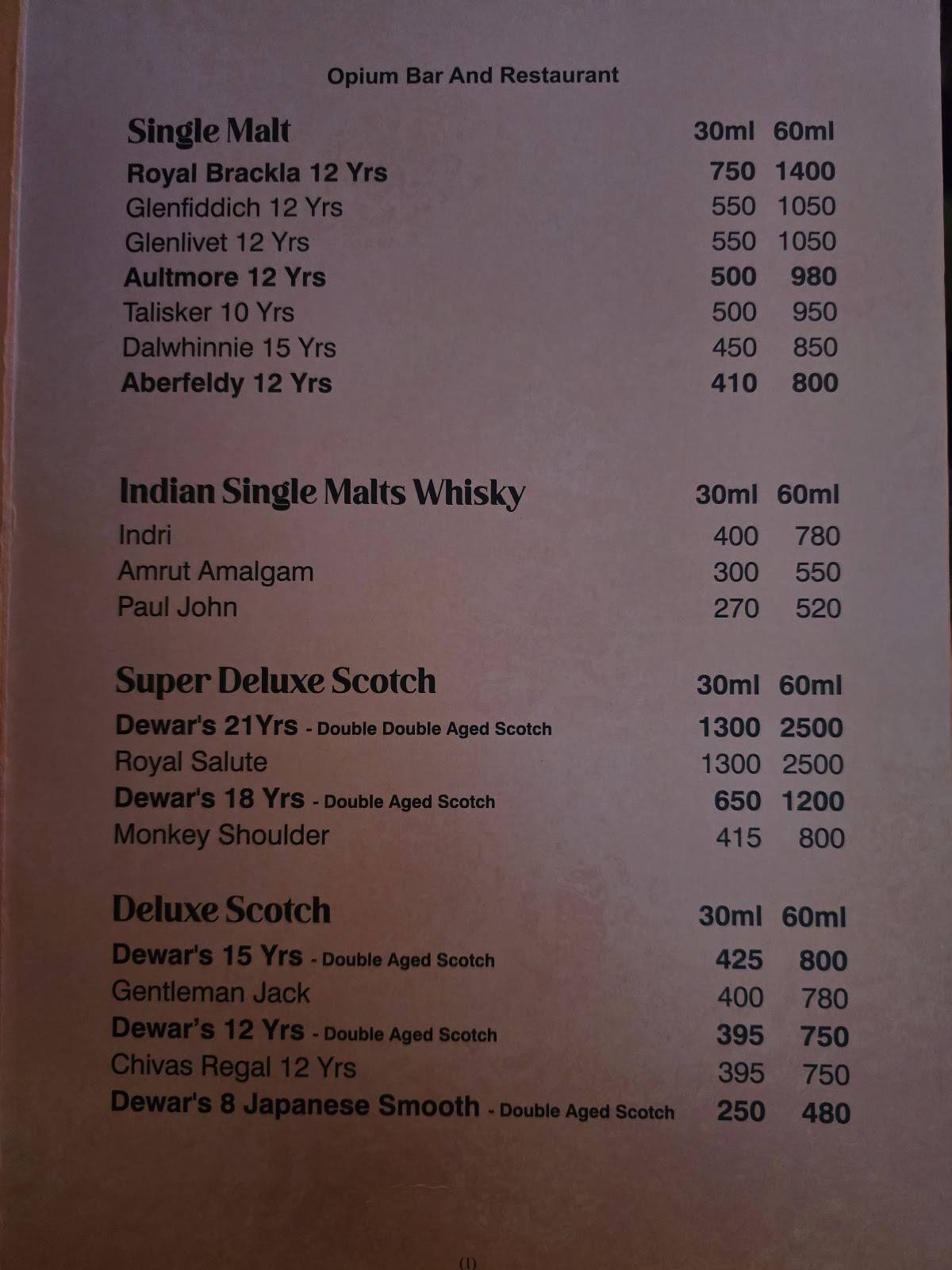 Opium Bar And Restaurant menu
