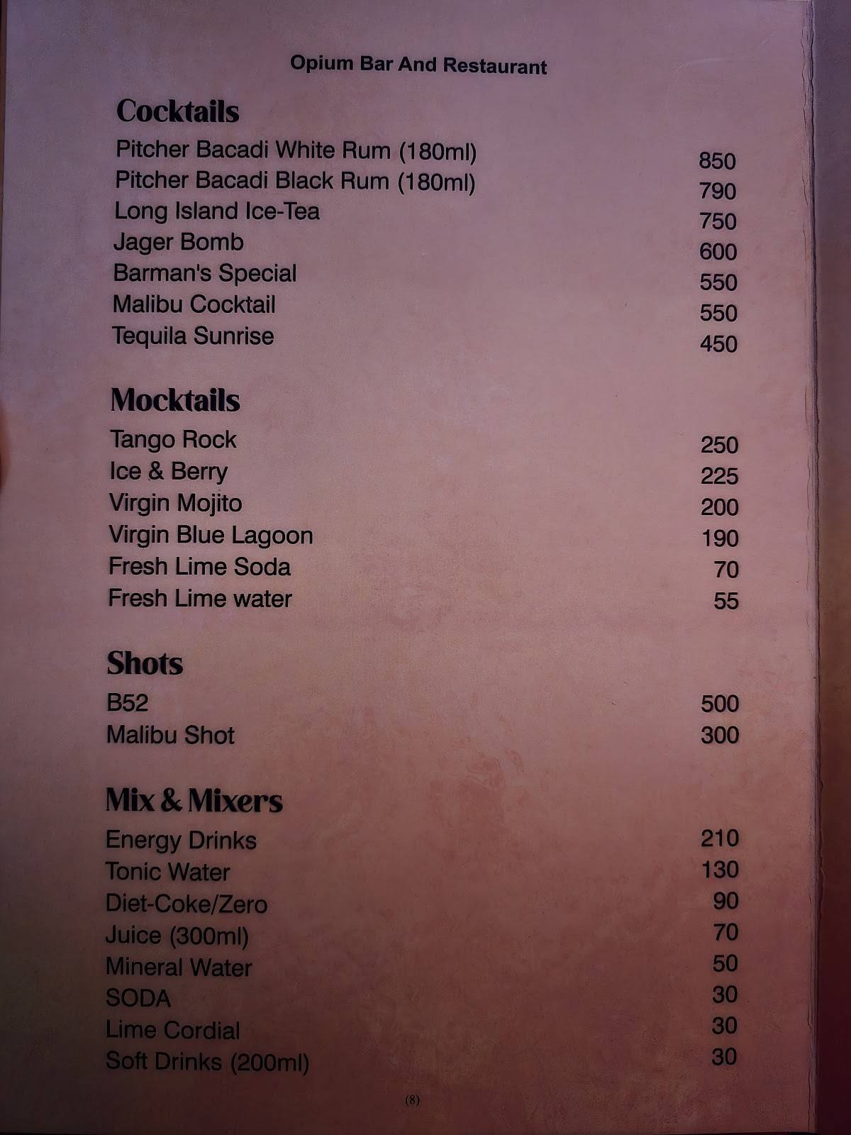 Opium Bar And Restaurant menu