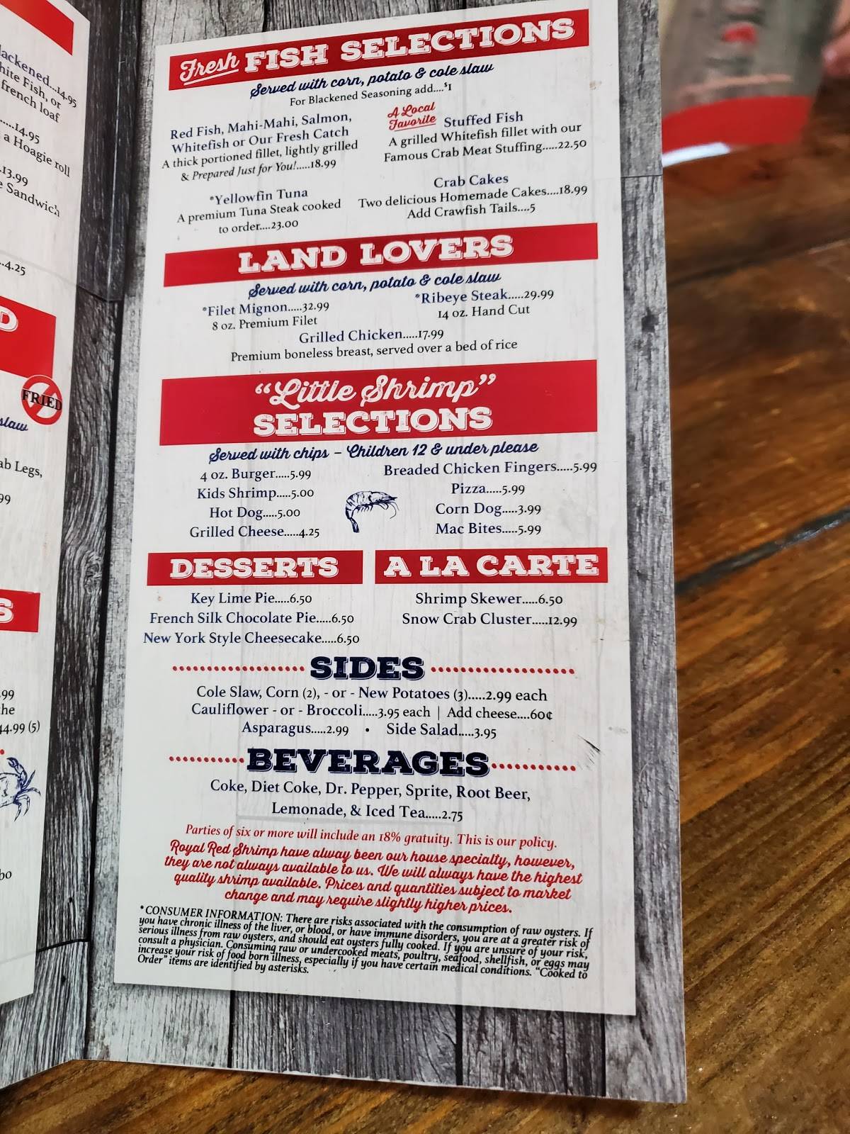 Menu at Gulf Shores Steamer restaurant, Orange Beach