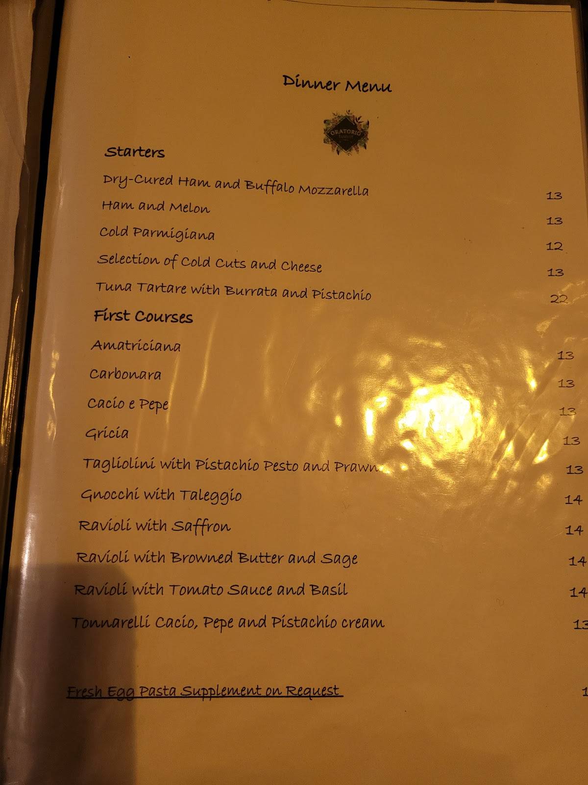 Menu di Oratorio Bistrot 