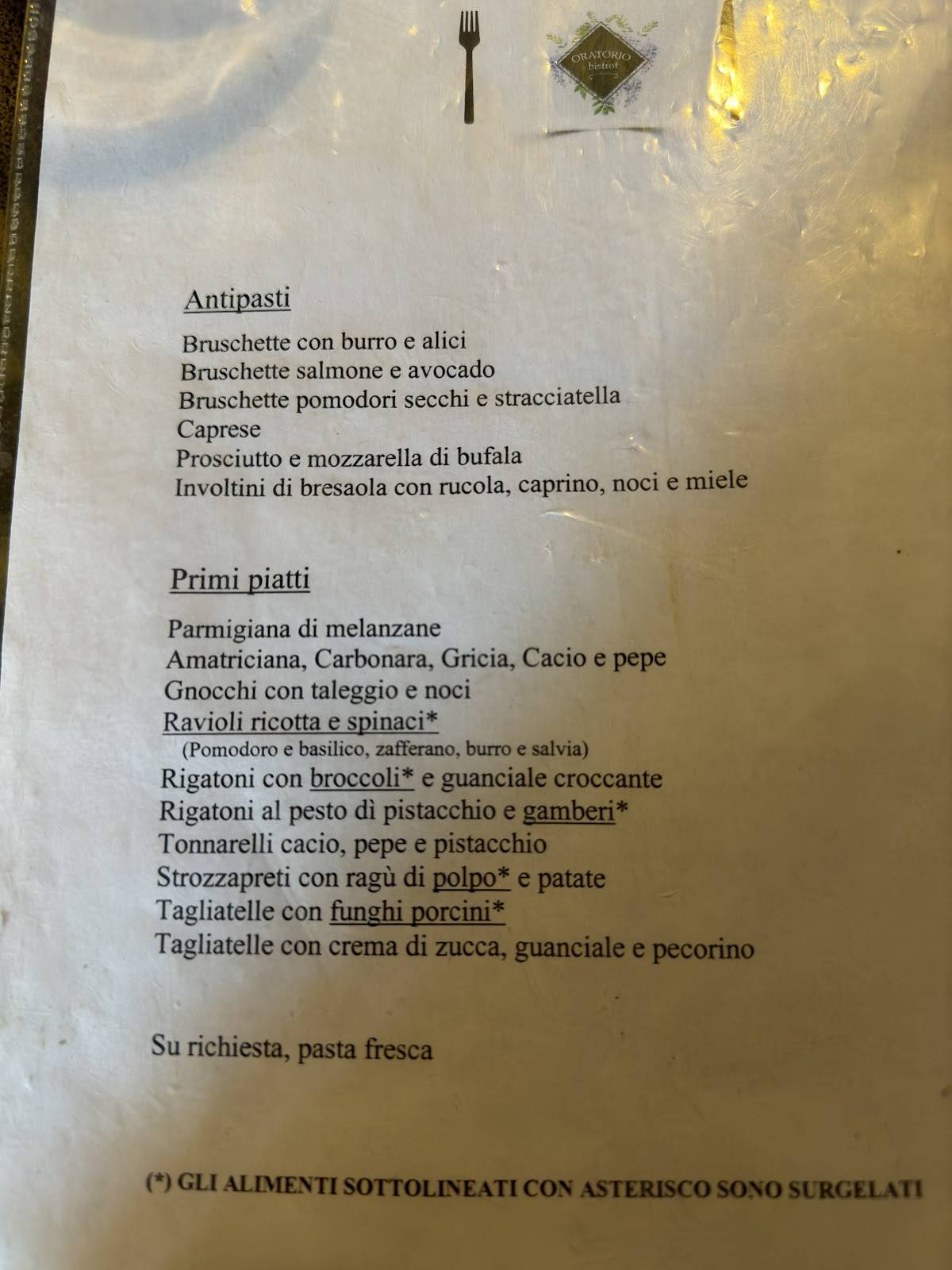 Menu di Oratorio Bistrot 