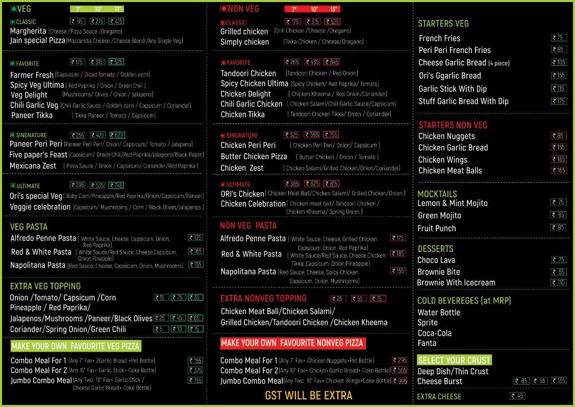 Oregano Pizza menu
