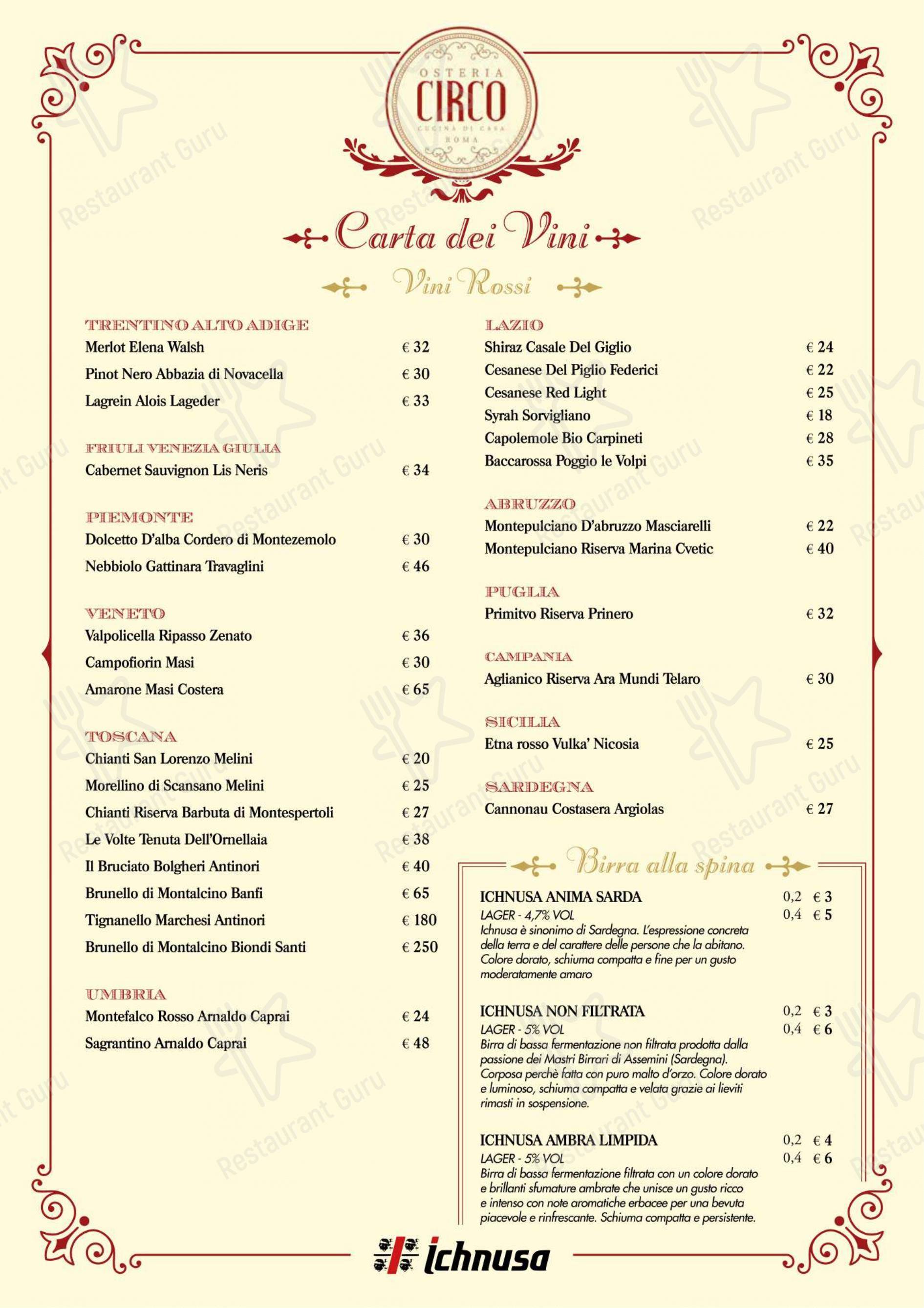 Menu bar per Osteria Circo in Roma