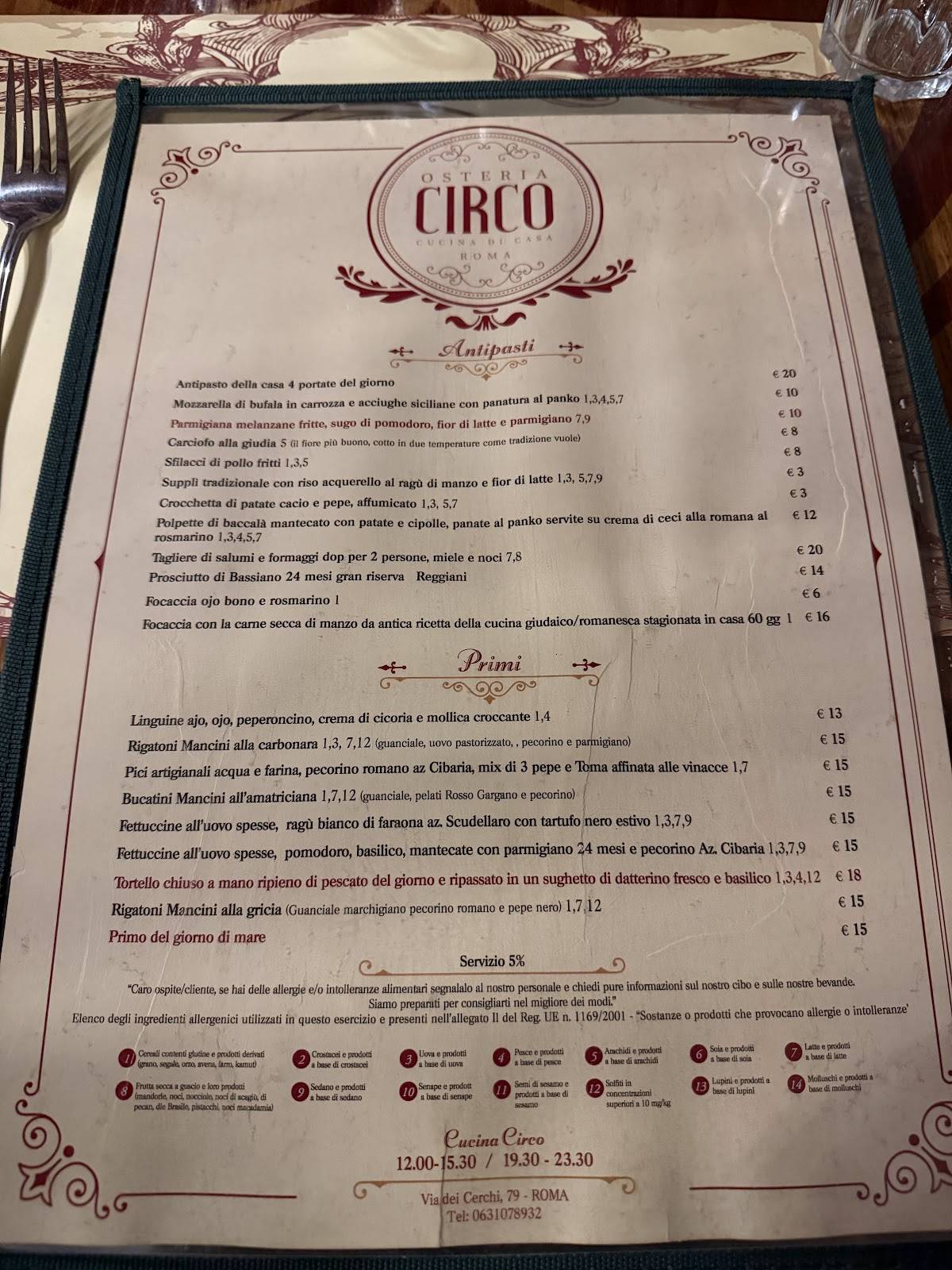 Menu di Osteria Circo 