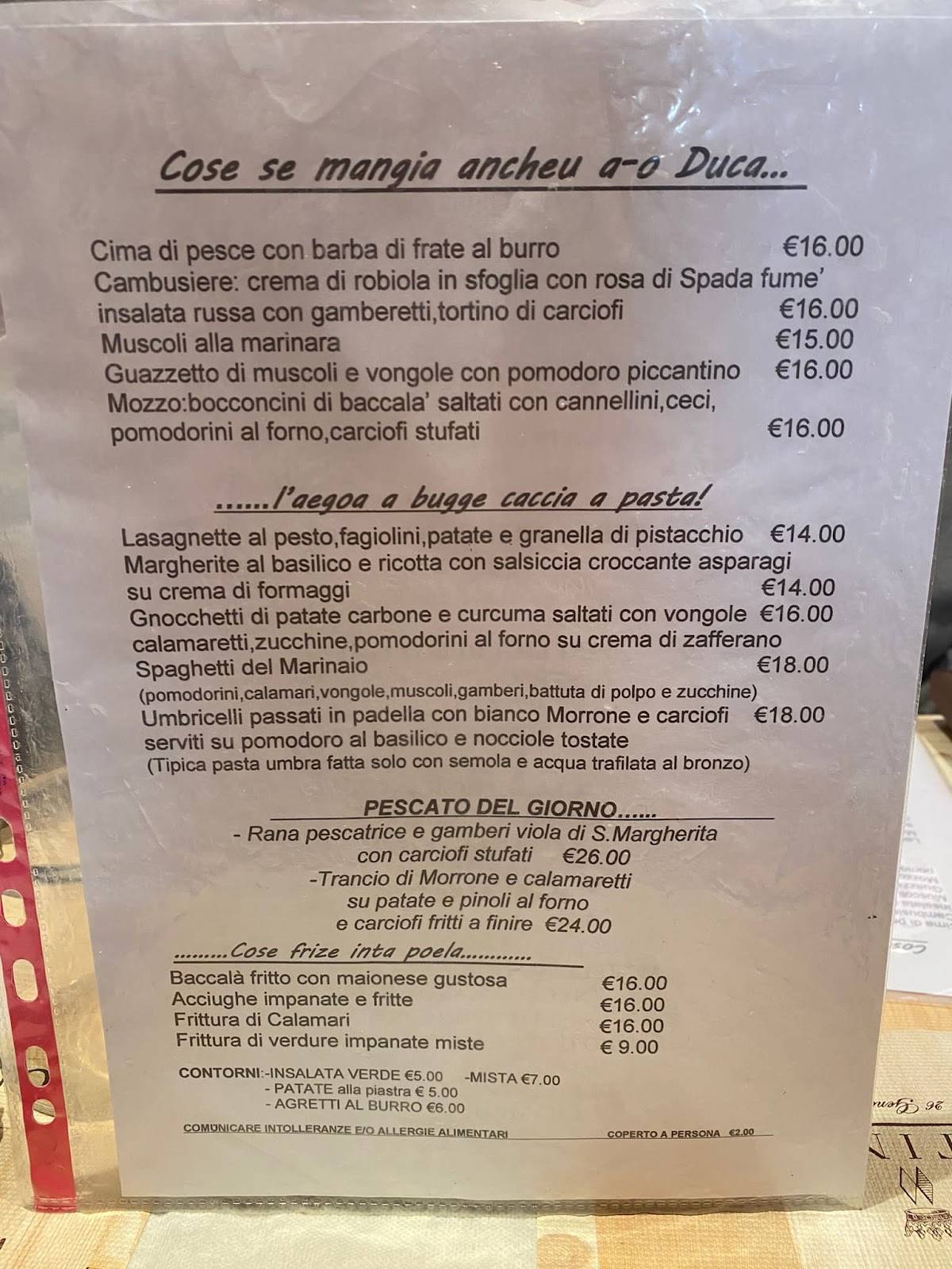 Menu di Osteria del Duca 