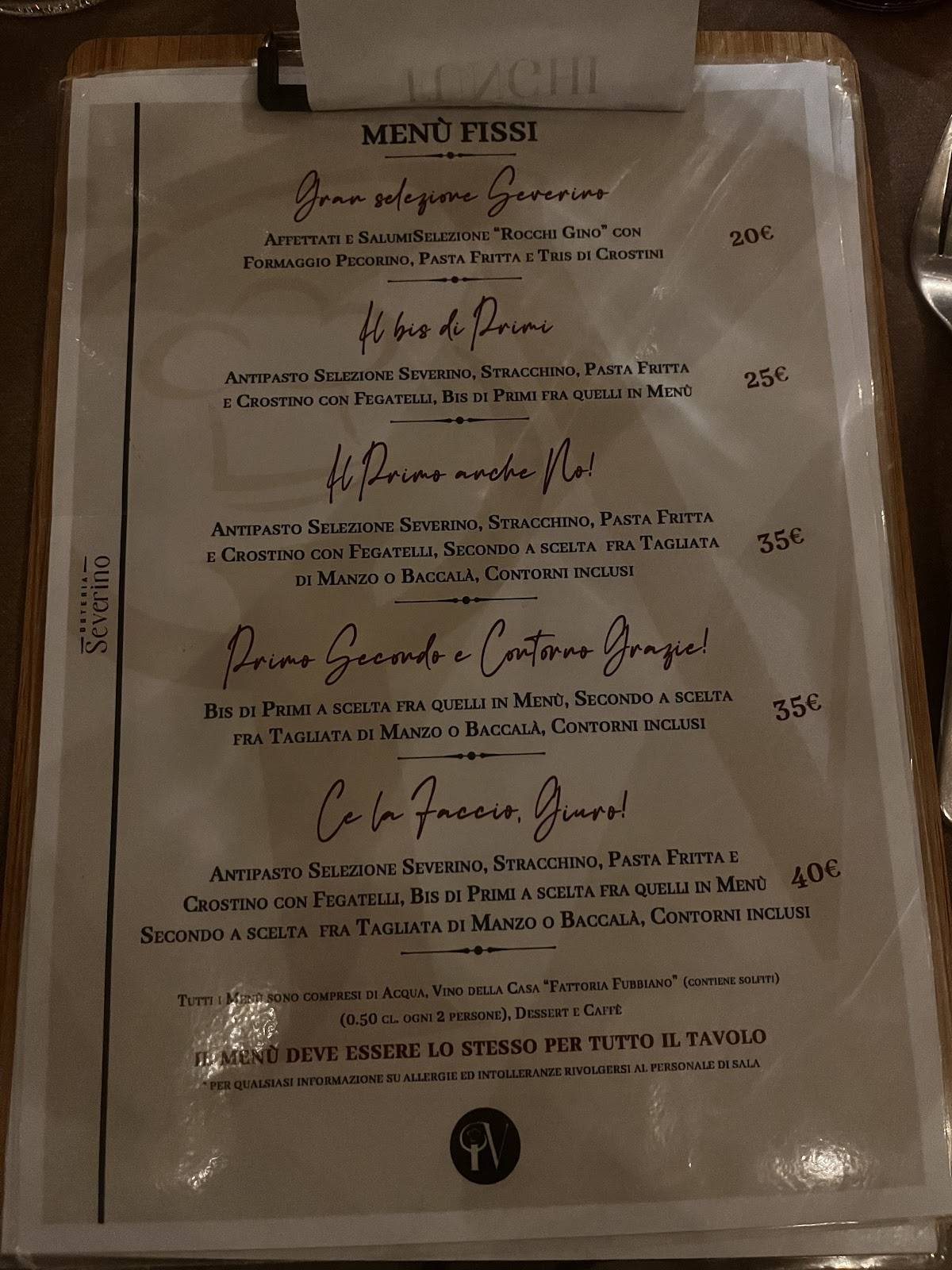 Menu di Osteria Severino 