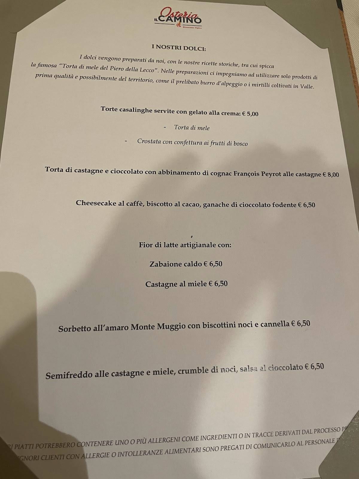 Menu di Osteria il Camino 