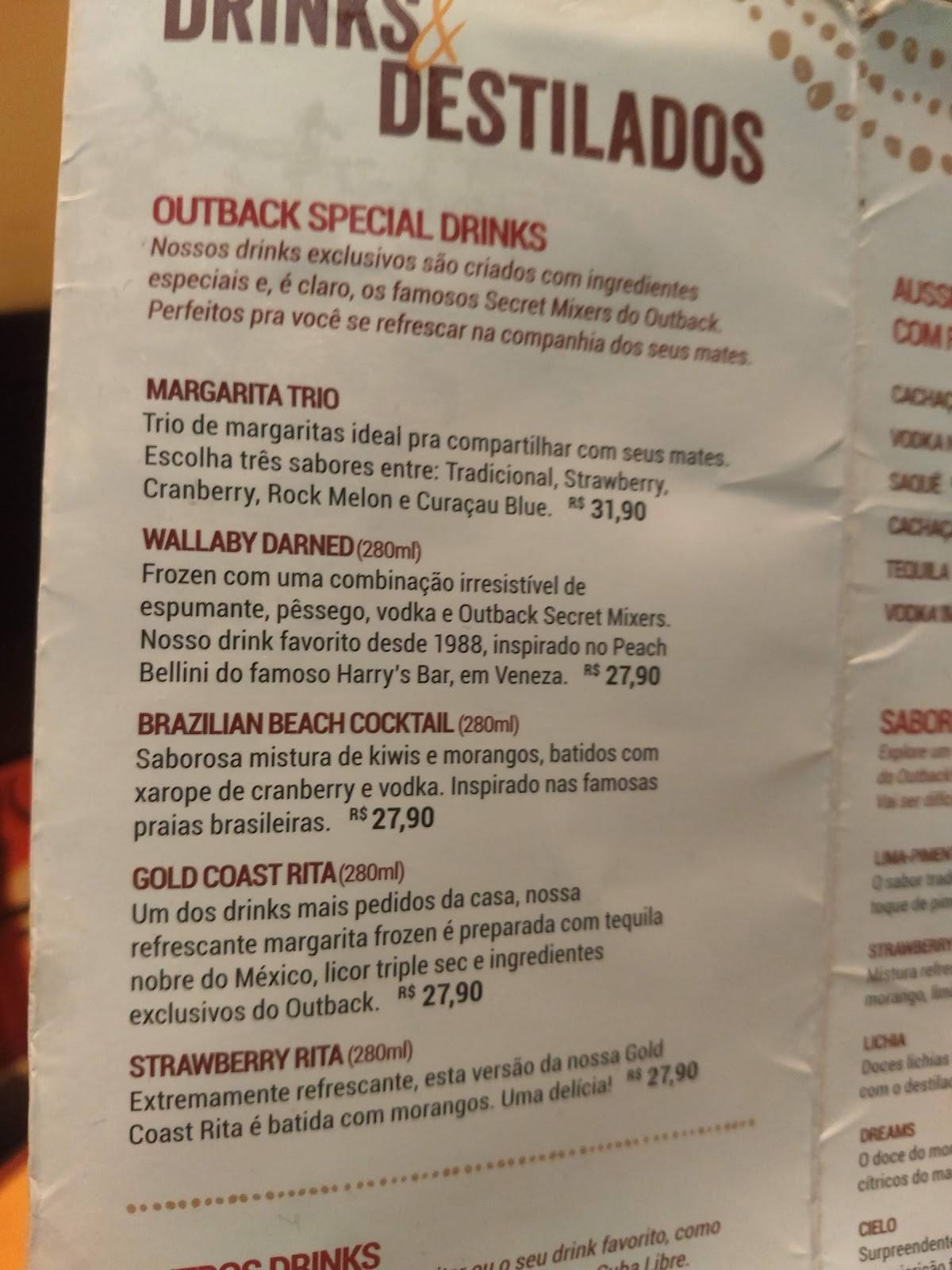Outback Steakhouse Shopping Metrô Santa Cruz cardápio