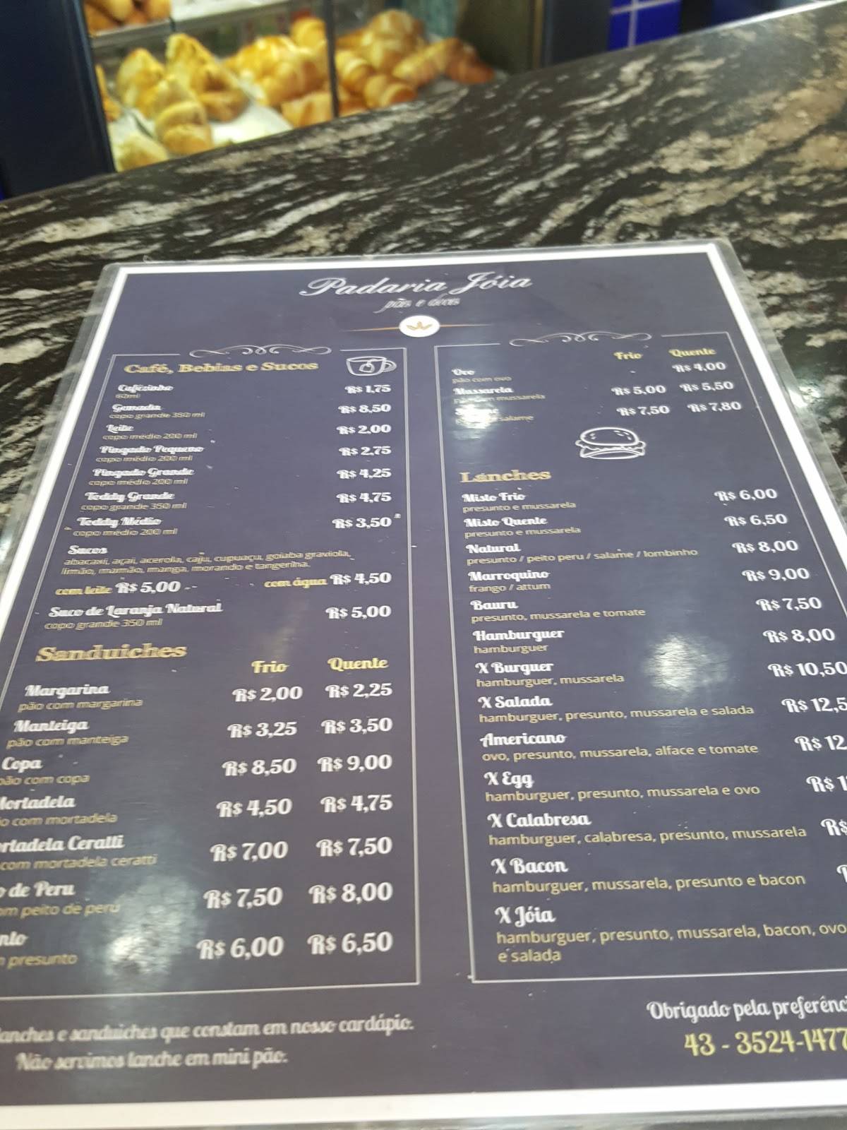 Padaria Jóia cardápio