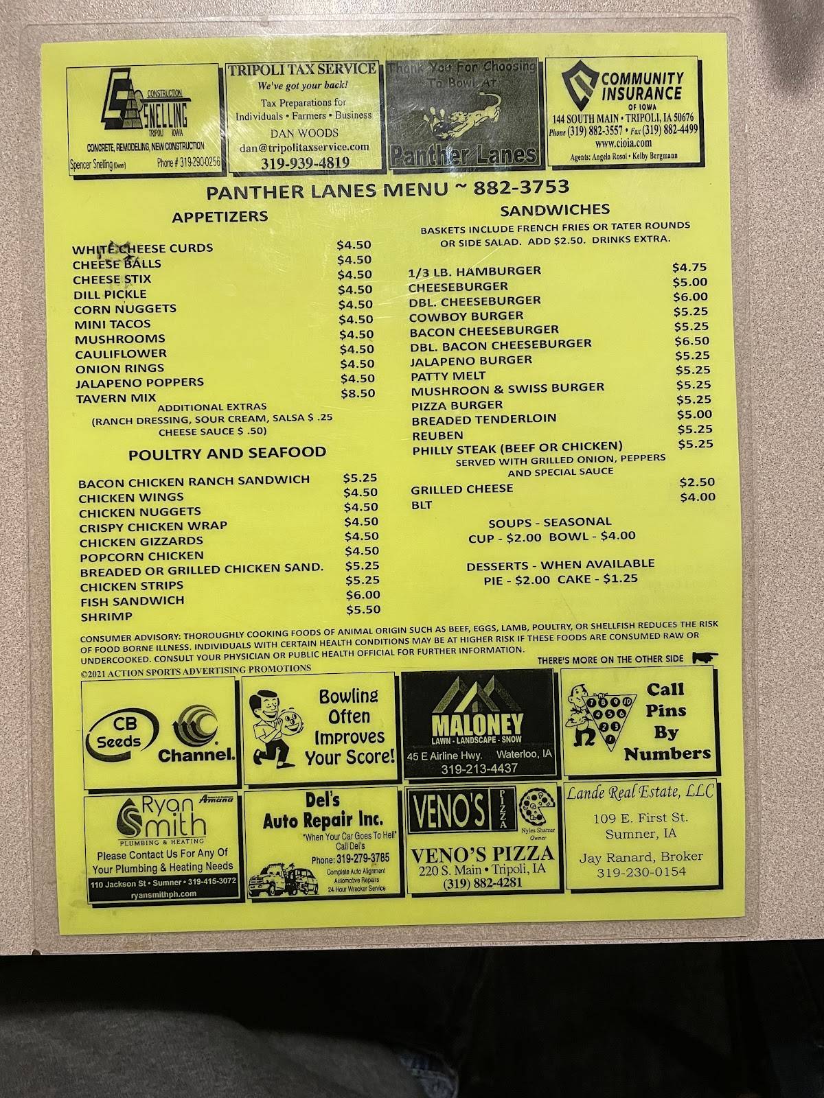 Menu at Panther Lanes pub & bar, Tripoli