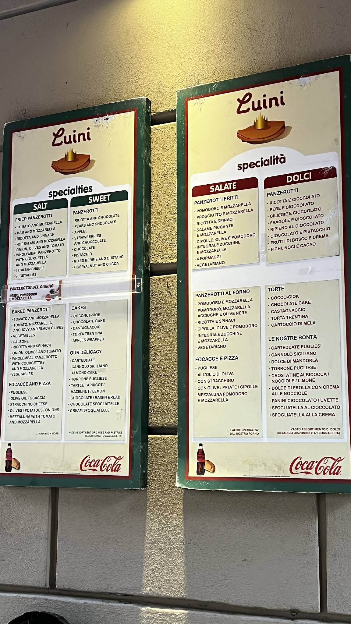 Menu de Panzerotti Luini