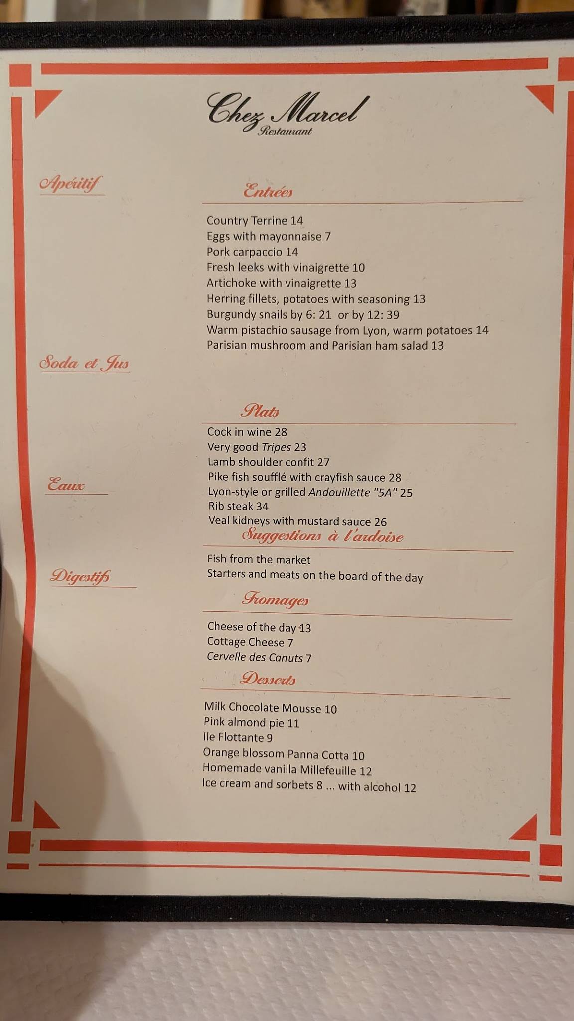Menu de Chez Marcel