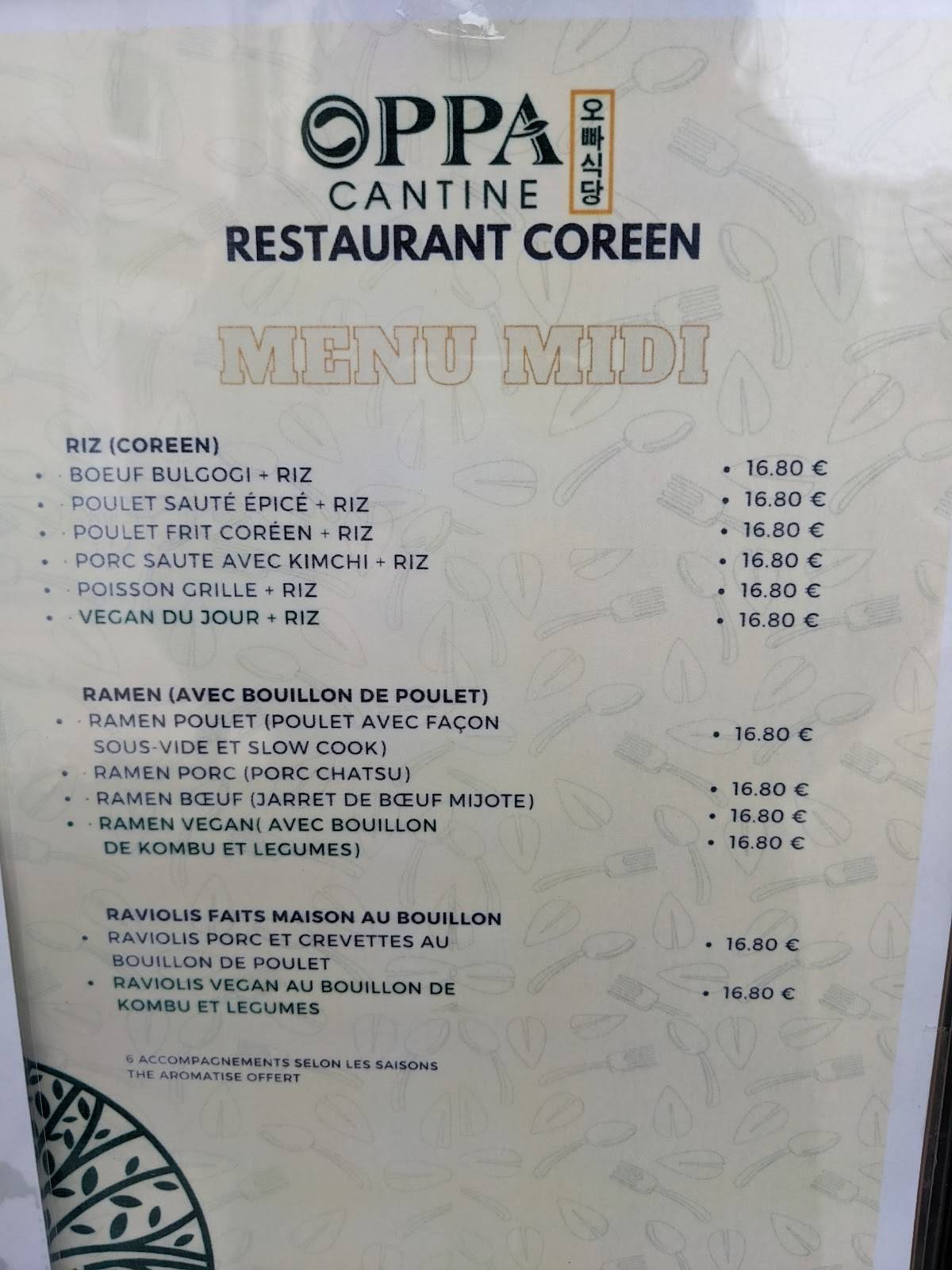 Menu de OPPA CANTINE