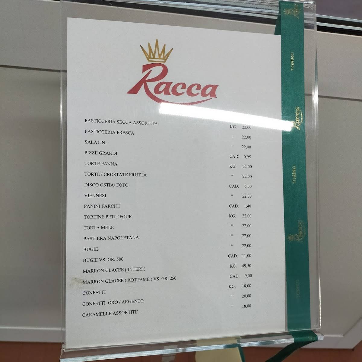 Menu di Pasticceria Racca 