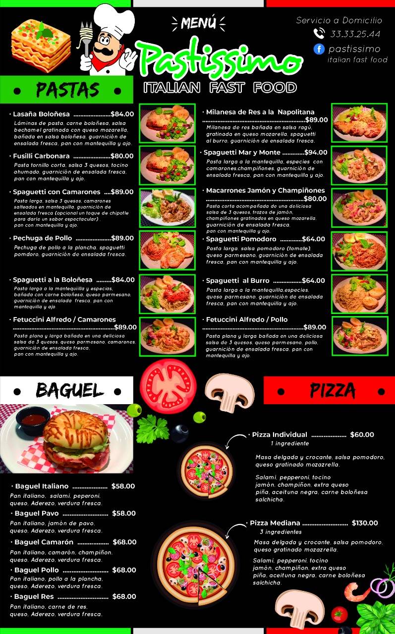 Menu at Pastissimo italian fast food, Tlaquepaque