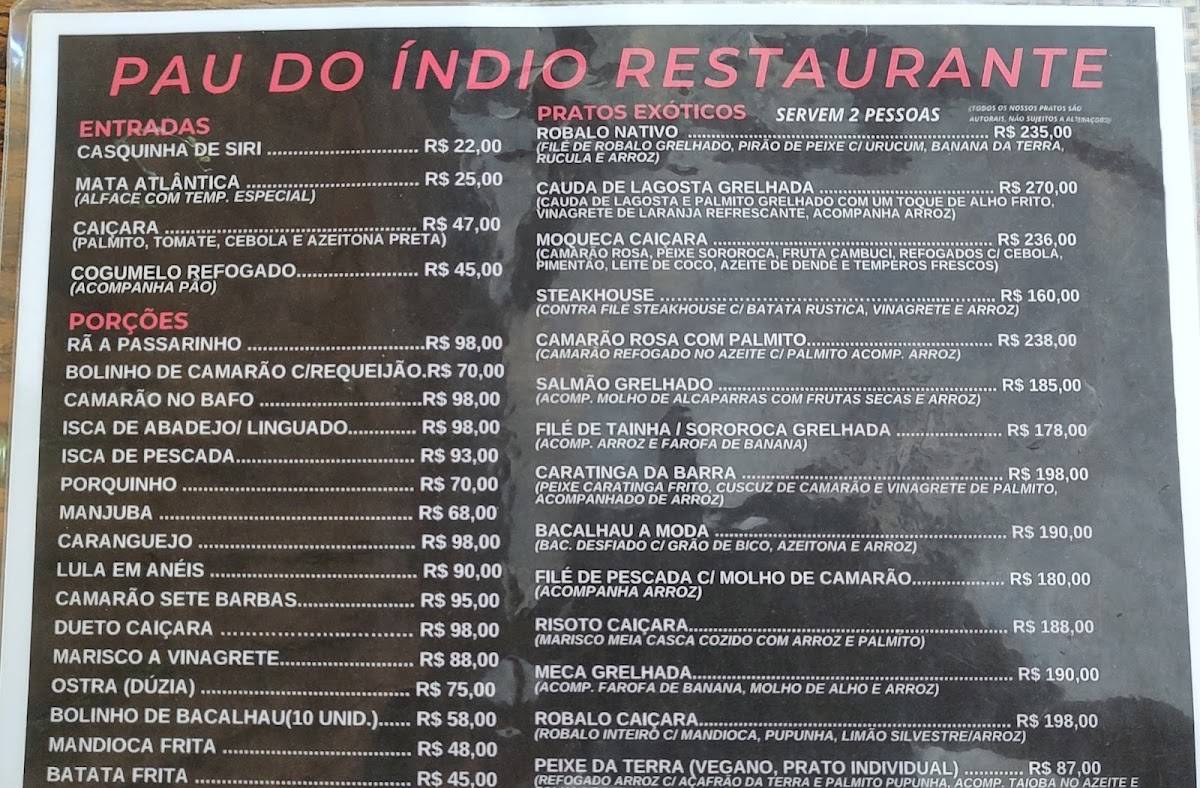 Pau do Indio cardápio