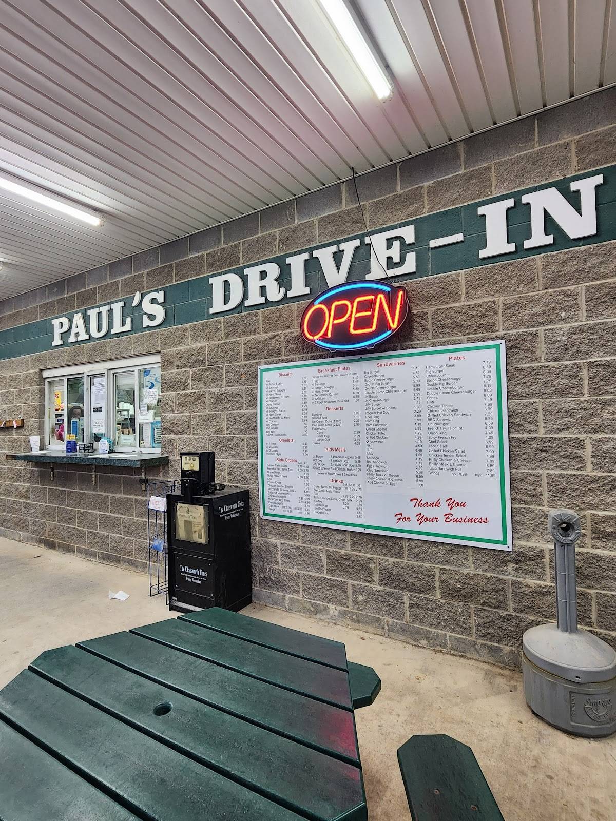 Menu at Paul's DriveIn fast food, Eton, Hwy 411