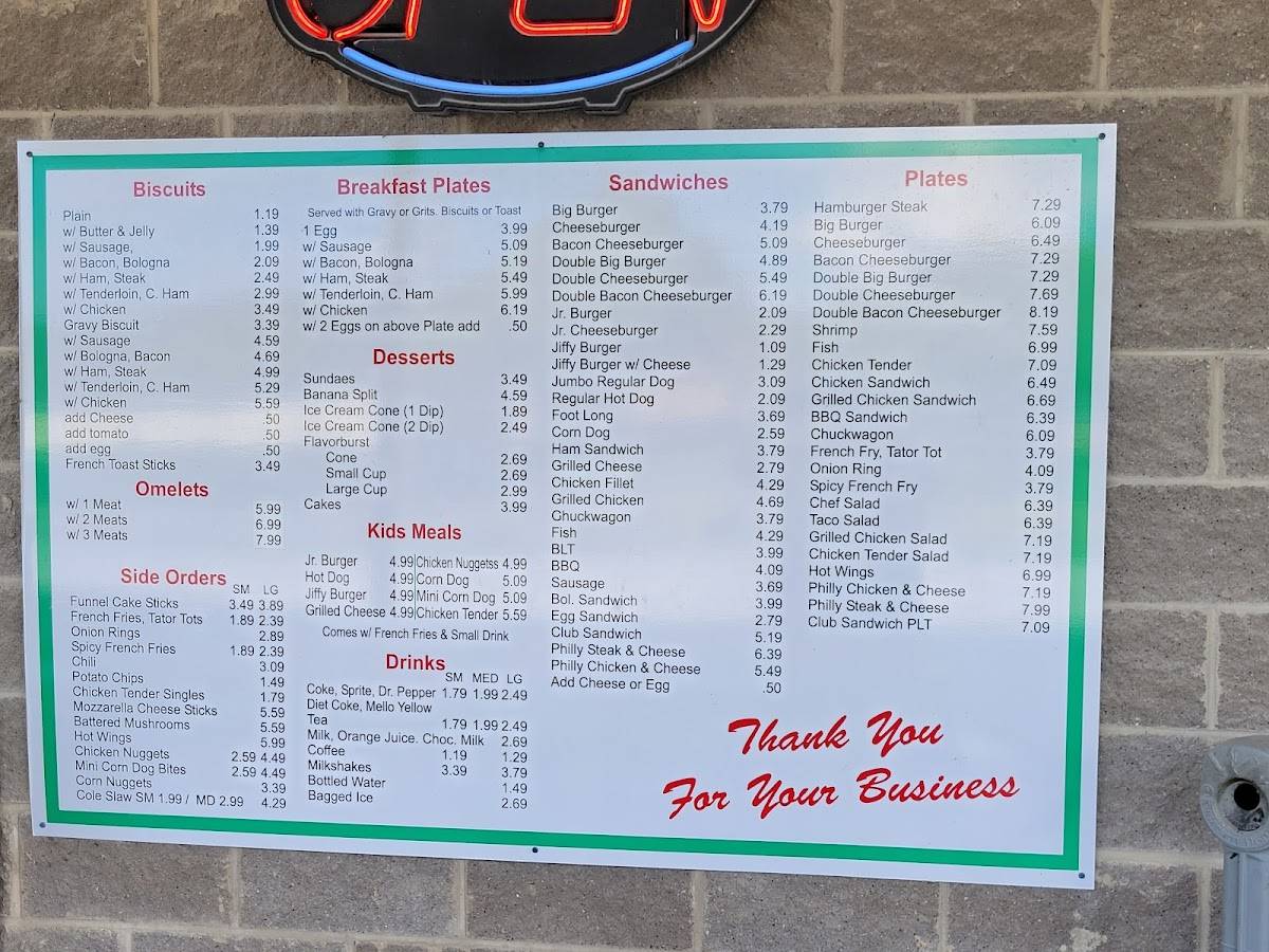 Menu at Paul's DriveIn fast food, Eton, Hwy 411