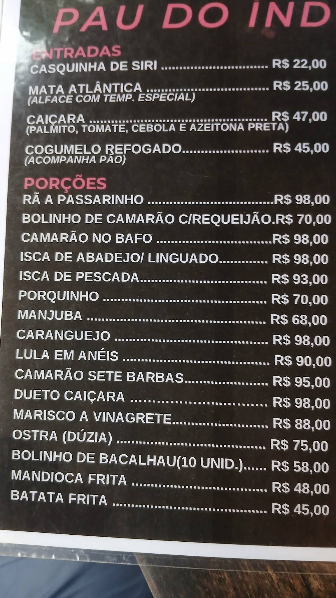 Pau do Indio cardápio