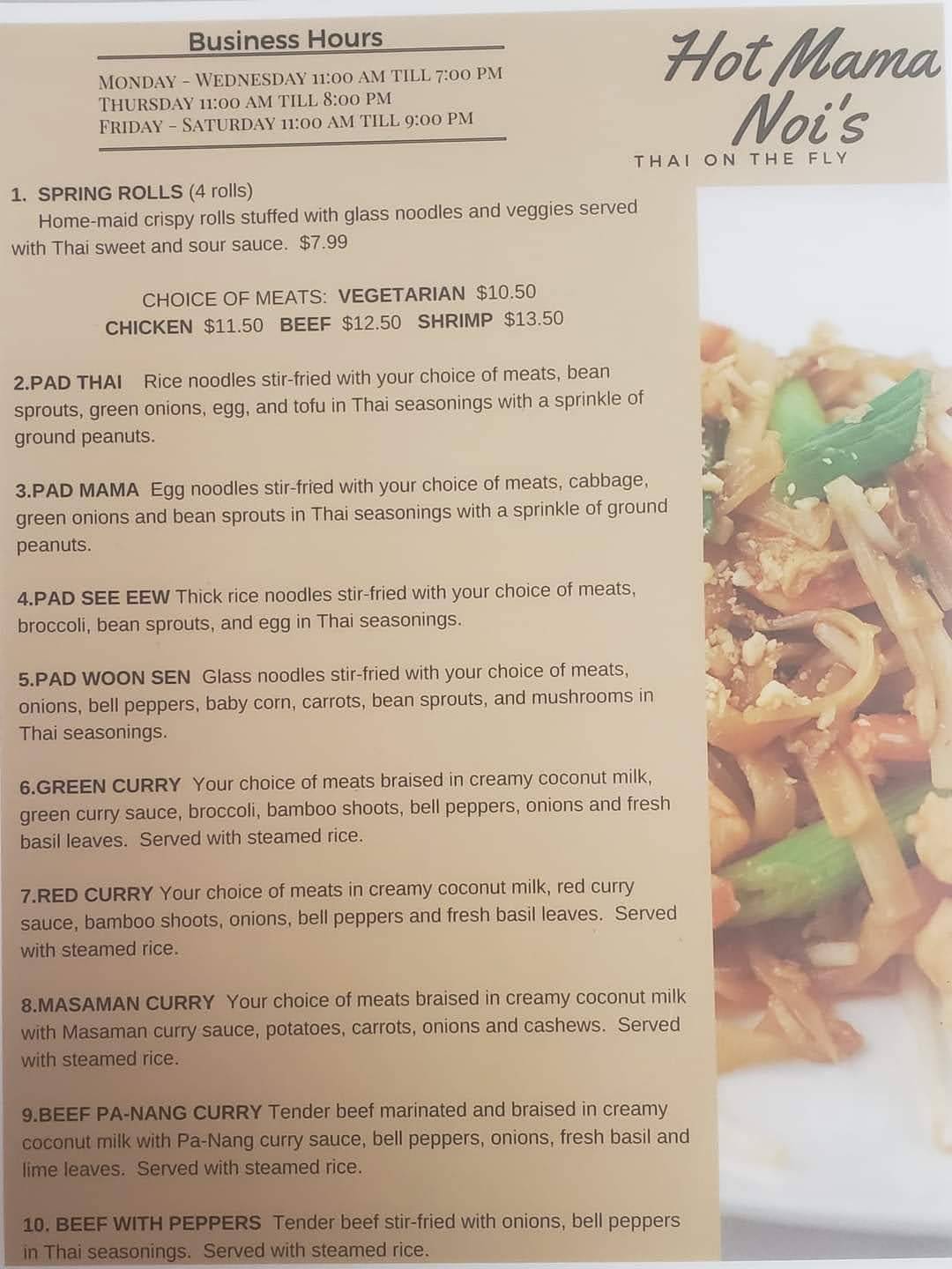 Menu at Hot Mama Noi's Thai On The Fly restaurant, Pickering