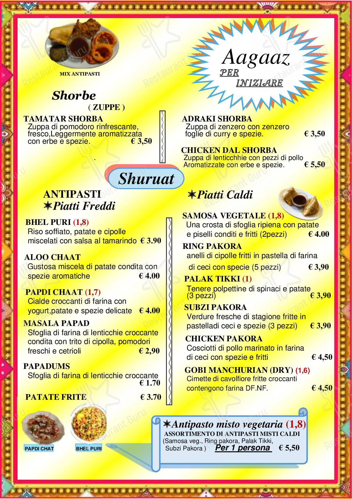 Menu di INDIA - piatti e bevande
