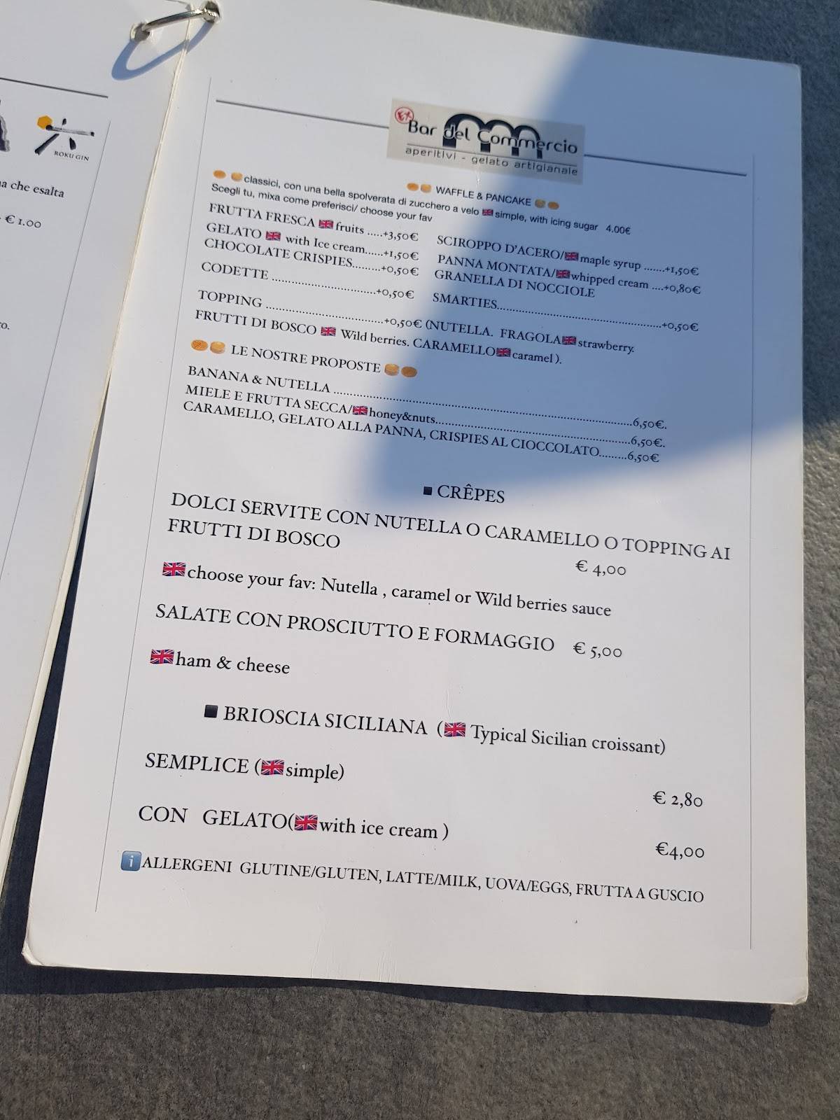 Menu di Bar del Commercio 