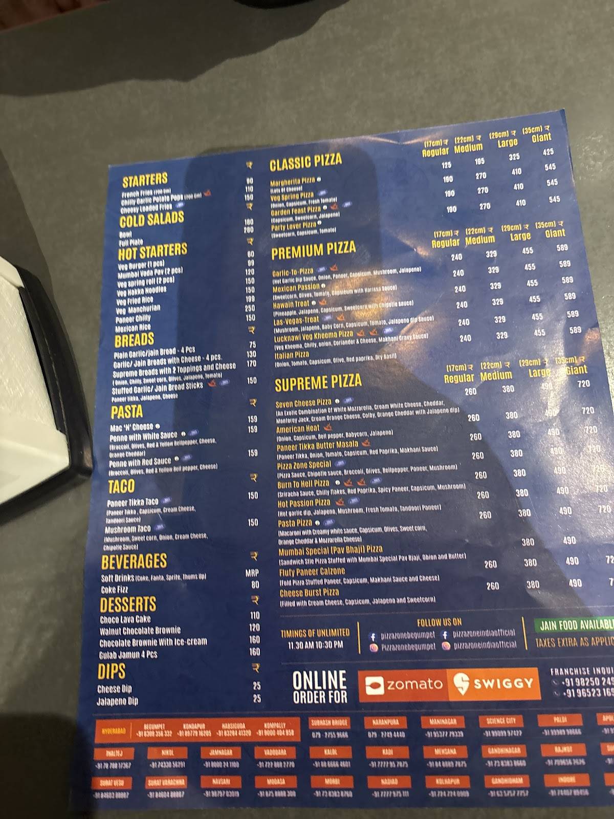Pizza Zone Begumpet menu