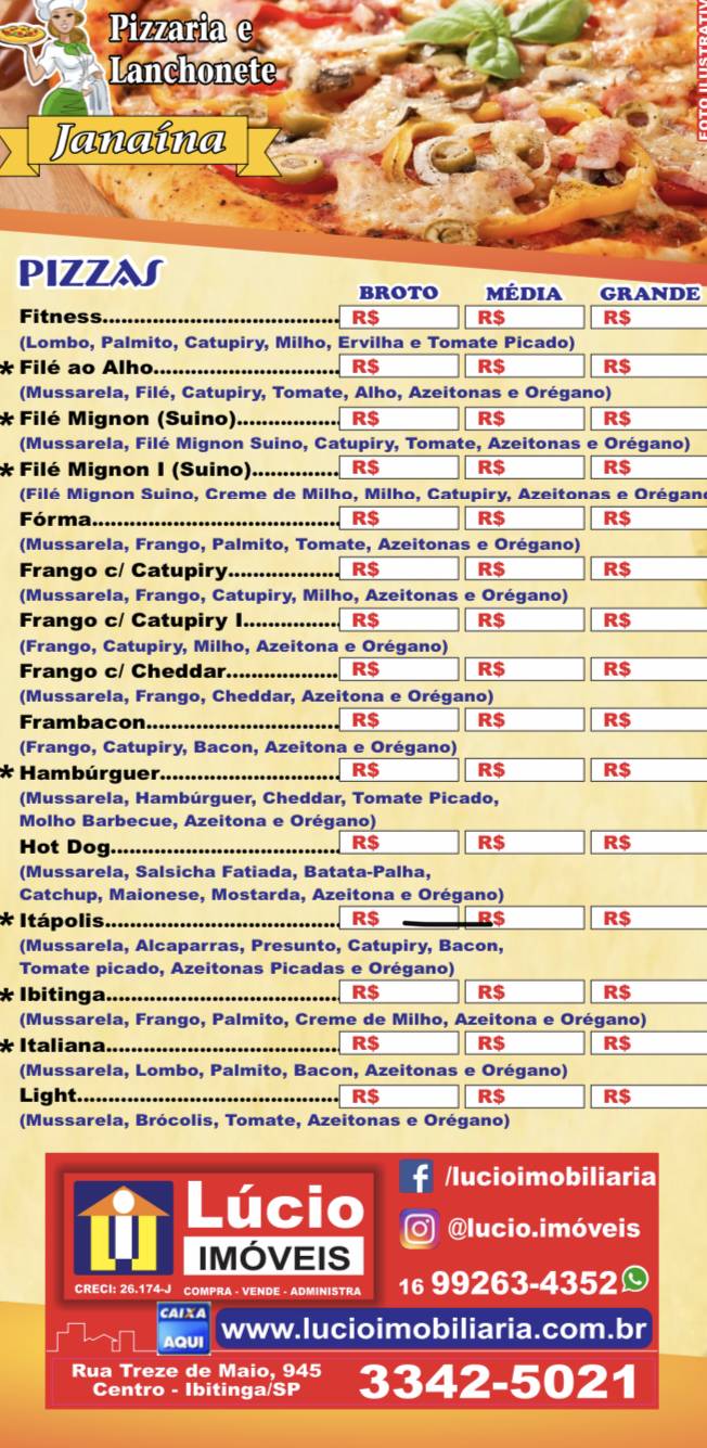 Pizzaria Janaína - Ibitinga cardápio