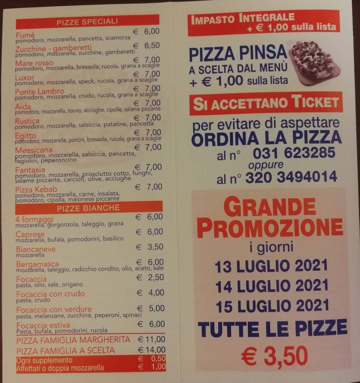 Menu di Pizzeria Aida Ponte Lambro 