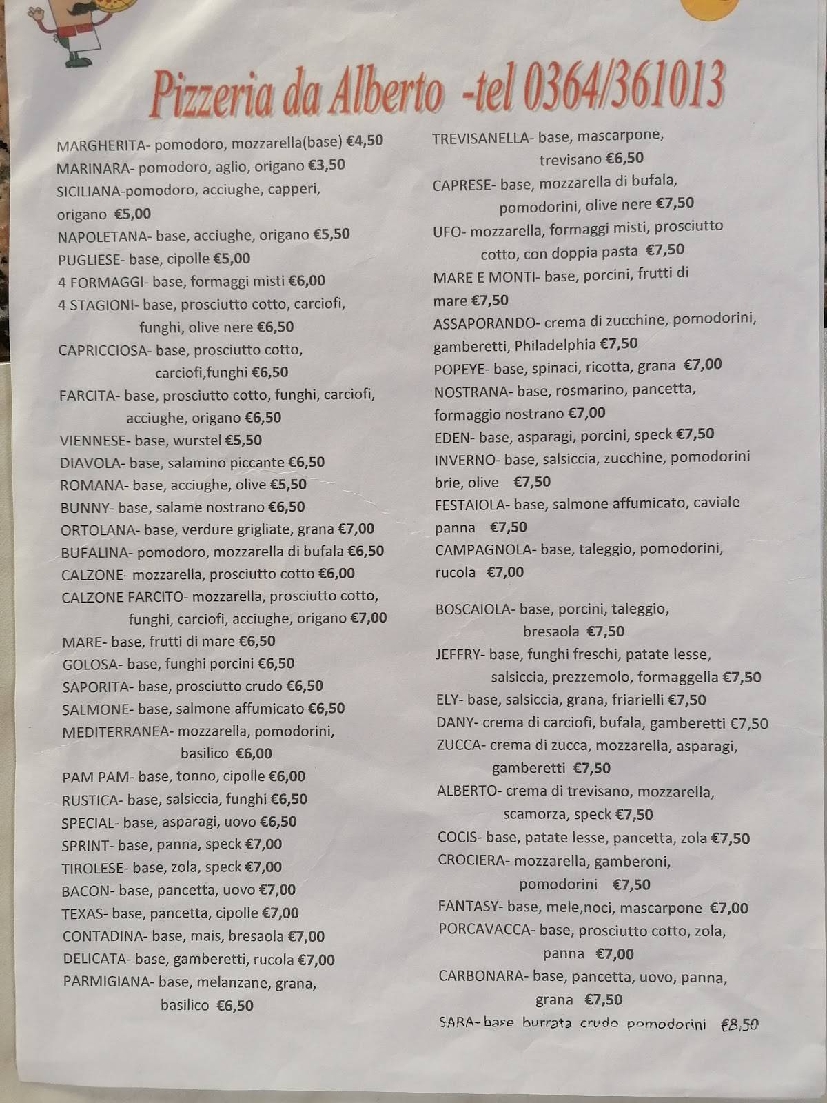 Menu di Pizzeria D'asporto Da Alberto 