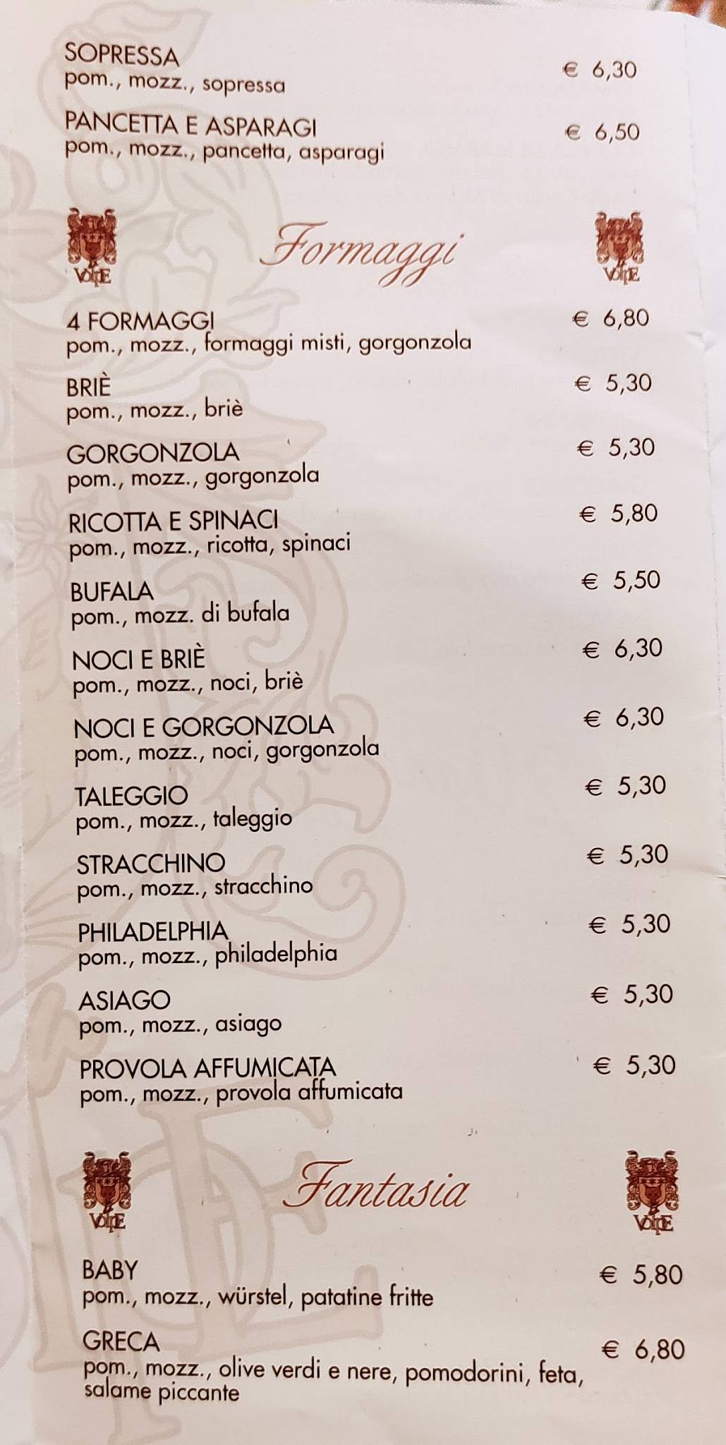 Menu di Pizzeria Da Volpe 