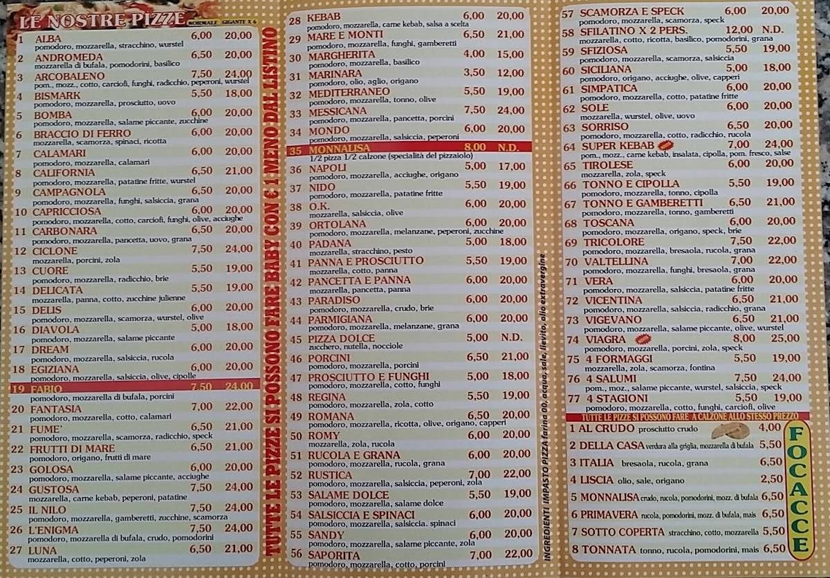 Menu di Pizzeria D'asporto Monnalisa 