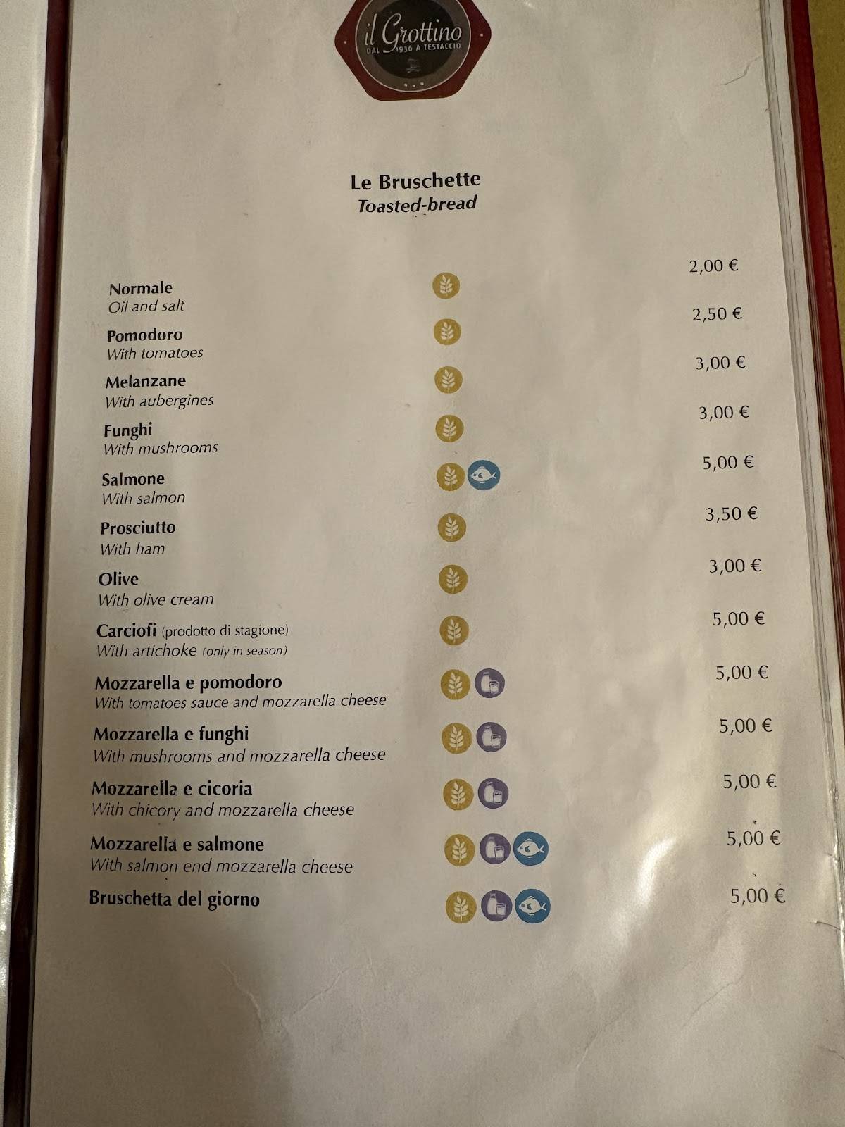 Menu di Il Grottino a Testaccio 