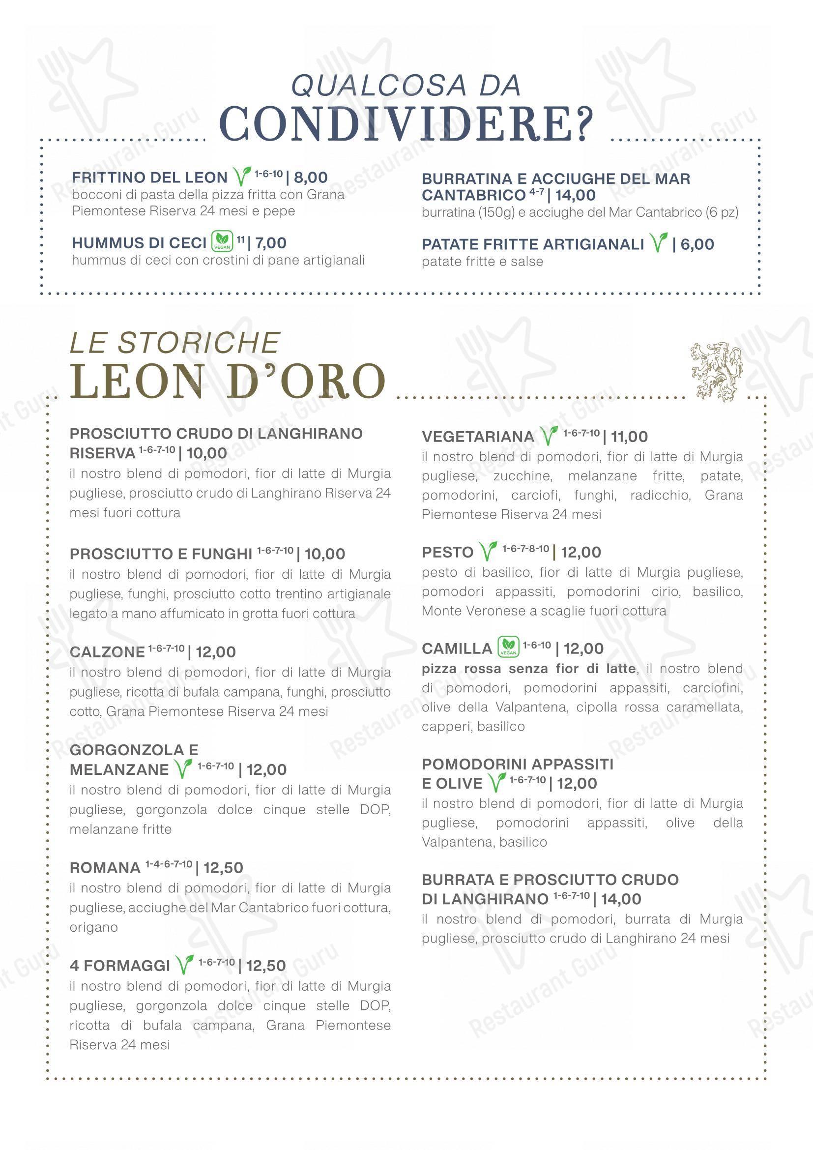 Menu per Pizzeria Leon D'Oro in Verona