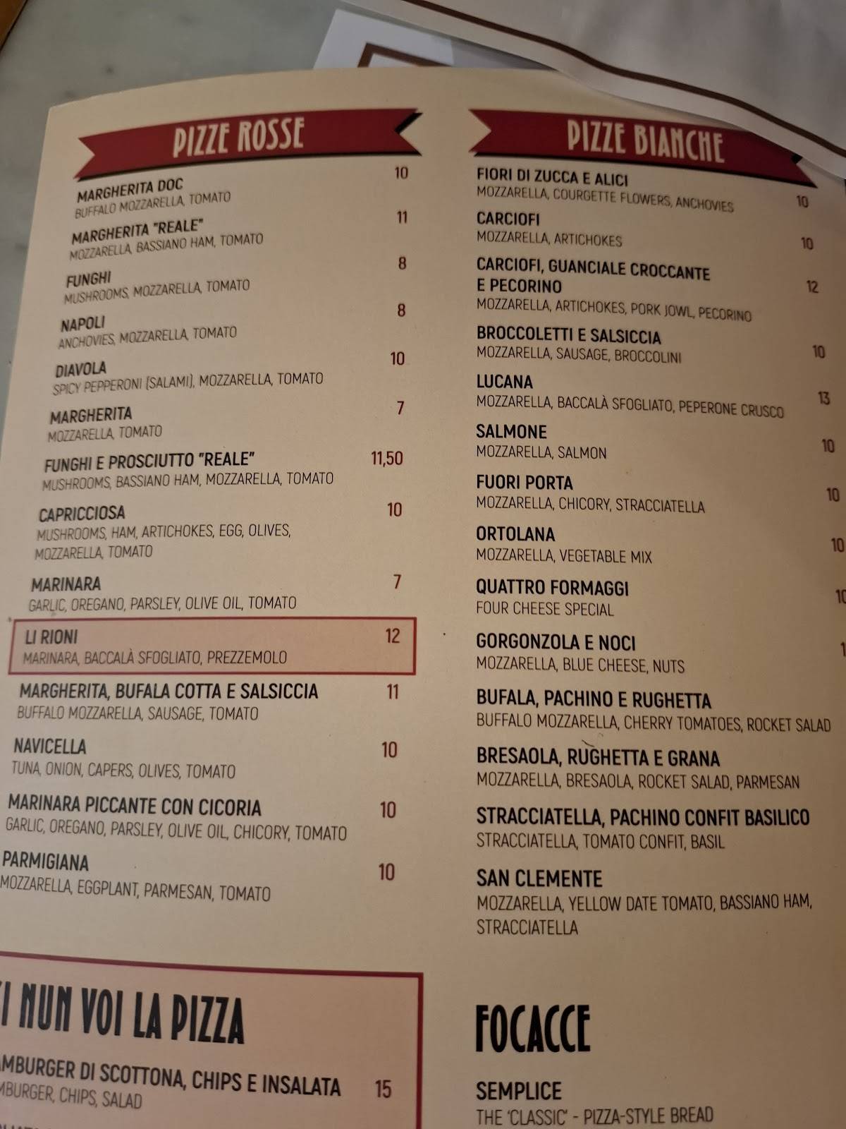 Menu di Li Rioni a Santiquattro 