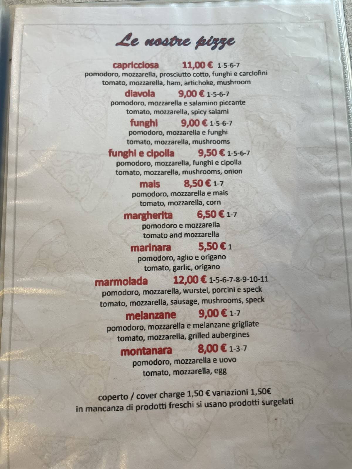 Menu di Pizzeria Marmolada Camere 