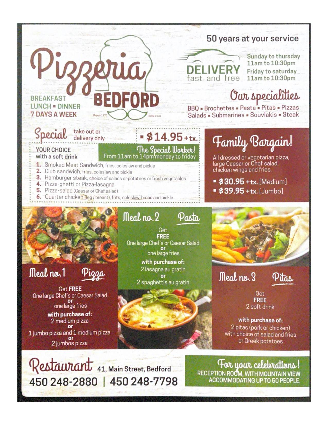 Menu au Pizzeria Bedford, Bedford
