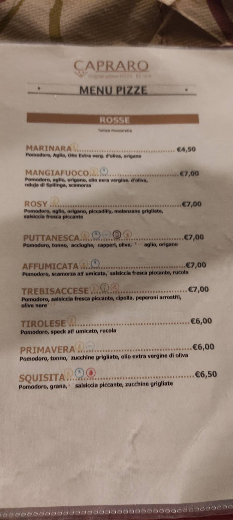 Menu de Pizzeria Capraro