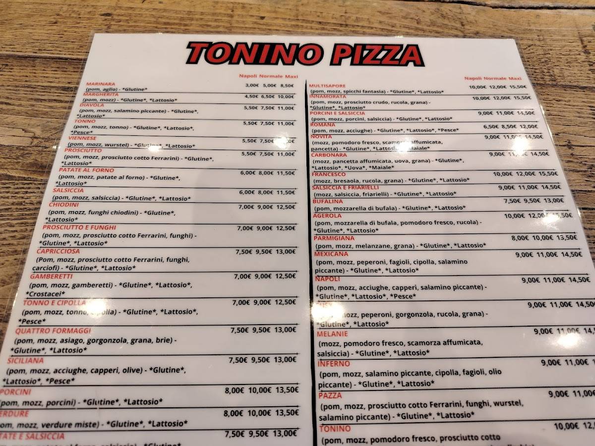 Menu di Pizzeria per Asporto Tonino Pizza Treviso 