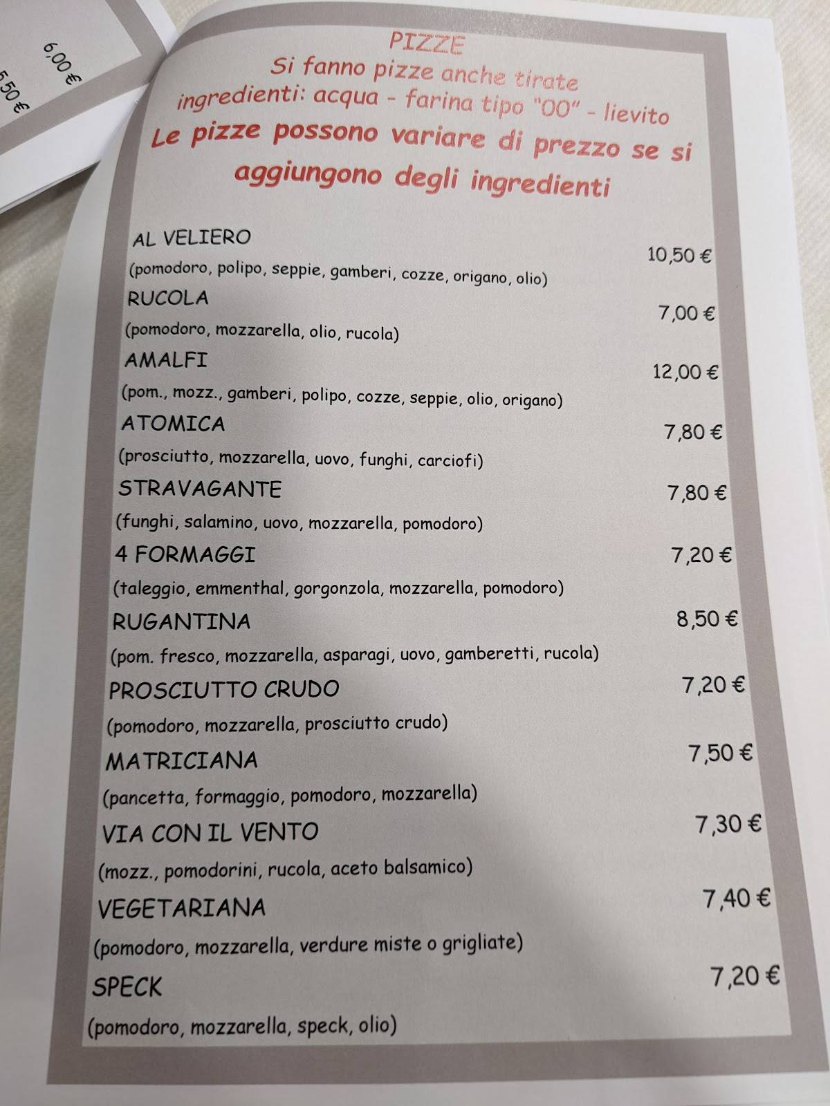 Menu di Pizzeria Ristorante Al Veliero 