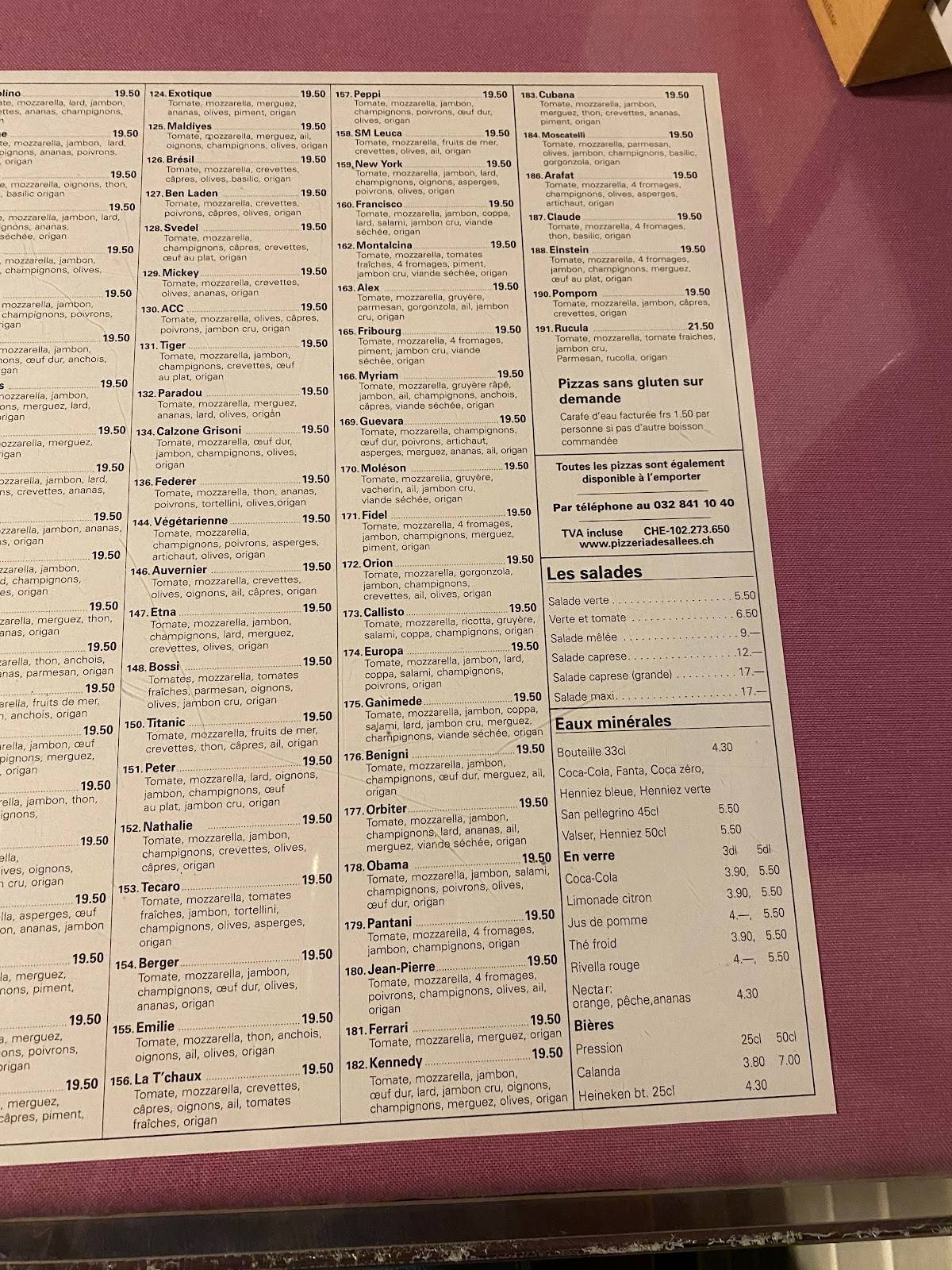 Menu di Pizzeria des Allées 